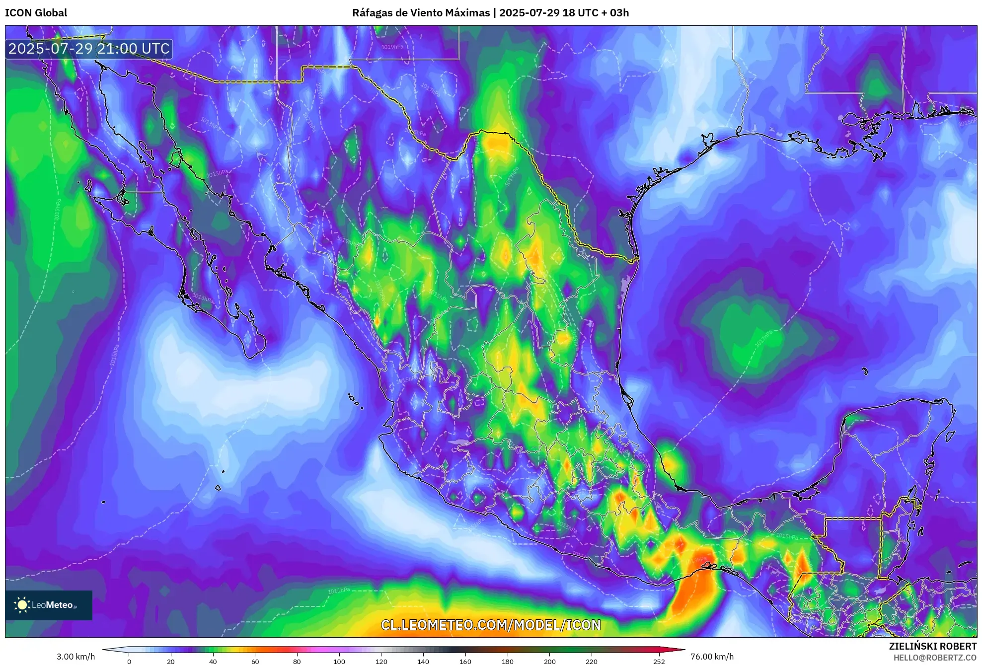 ICON model - México, Ráfagas de Viento Máximas