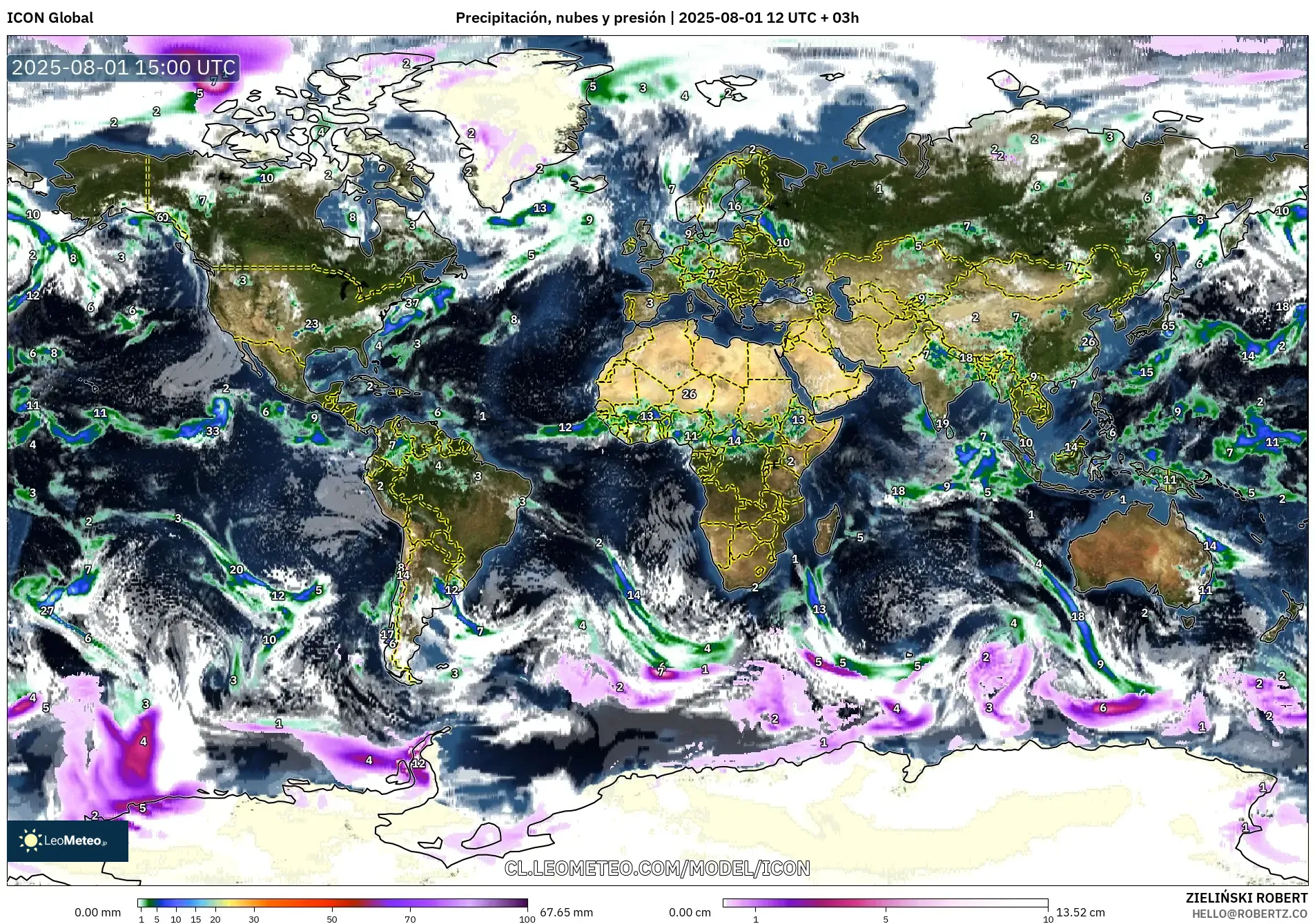 ICON model - Mundo, Precipitación, nubes y presión ICON model - Mundo, Precipitación, nubes y presión