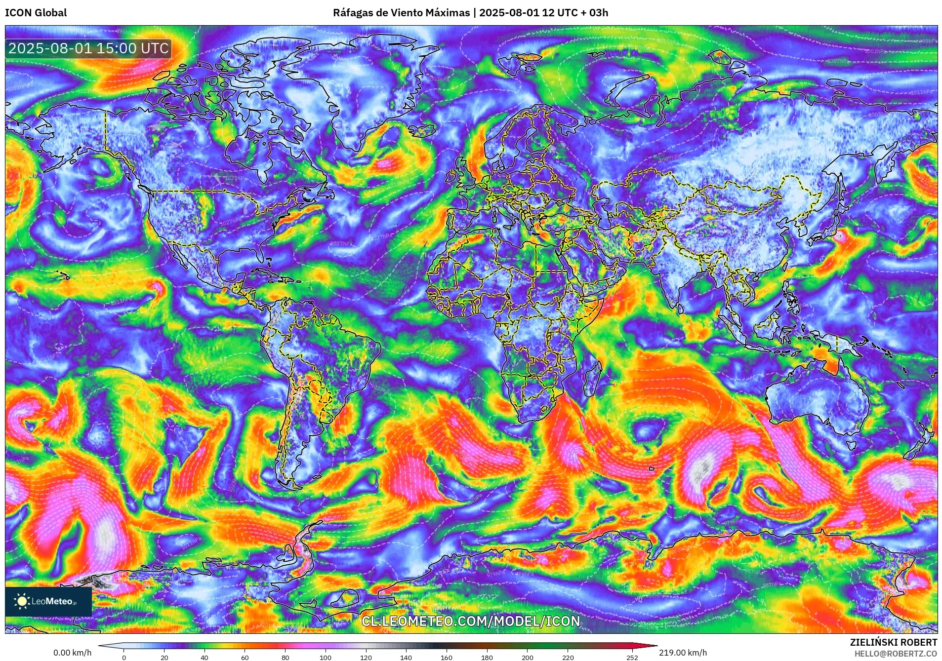 ICON model - Mundo, Ráfagas de Viento Máximas ICON model - Mundo, Ráfagas de Viento Máximas