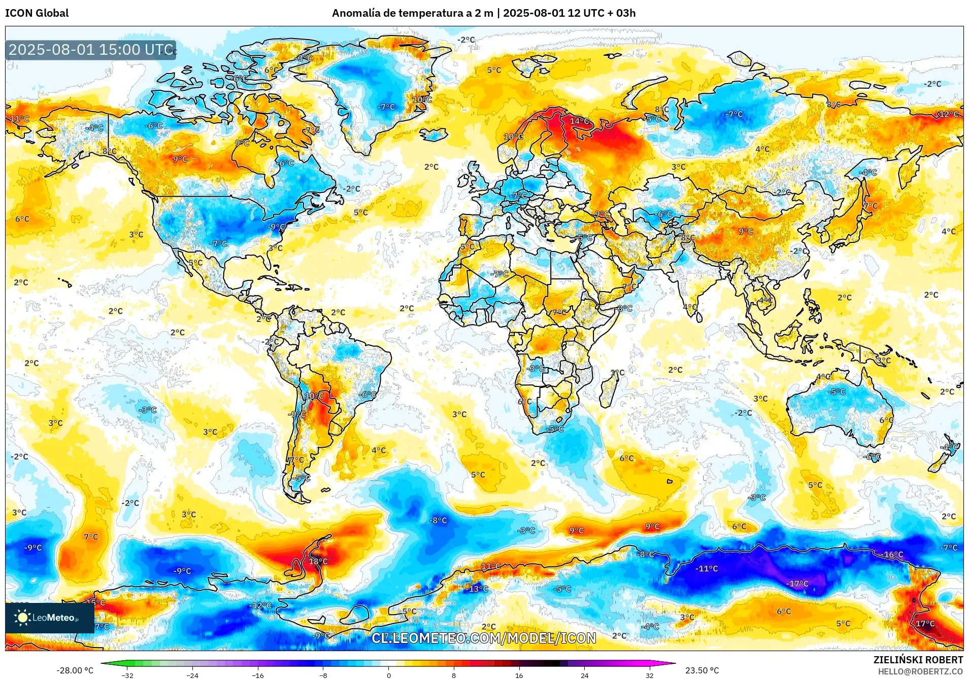 ICON model - Mundo, Anomalía de temperatura a 2 m