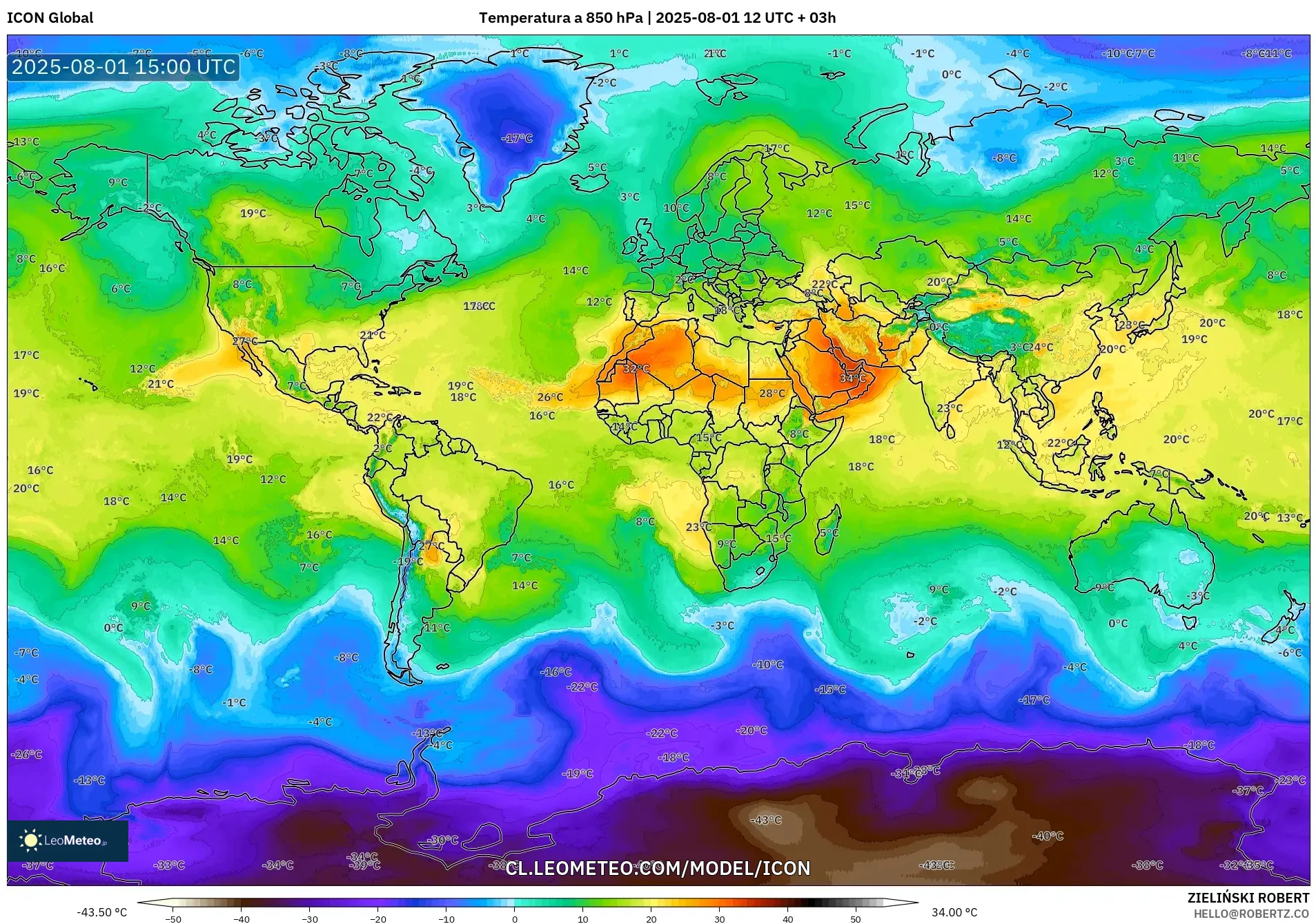 ICON model - Mundo, Temperatura a 850 hPa