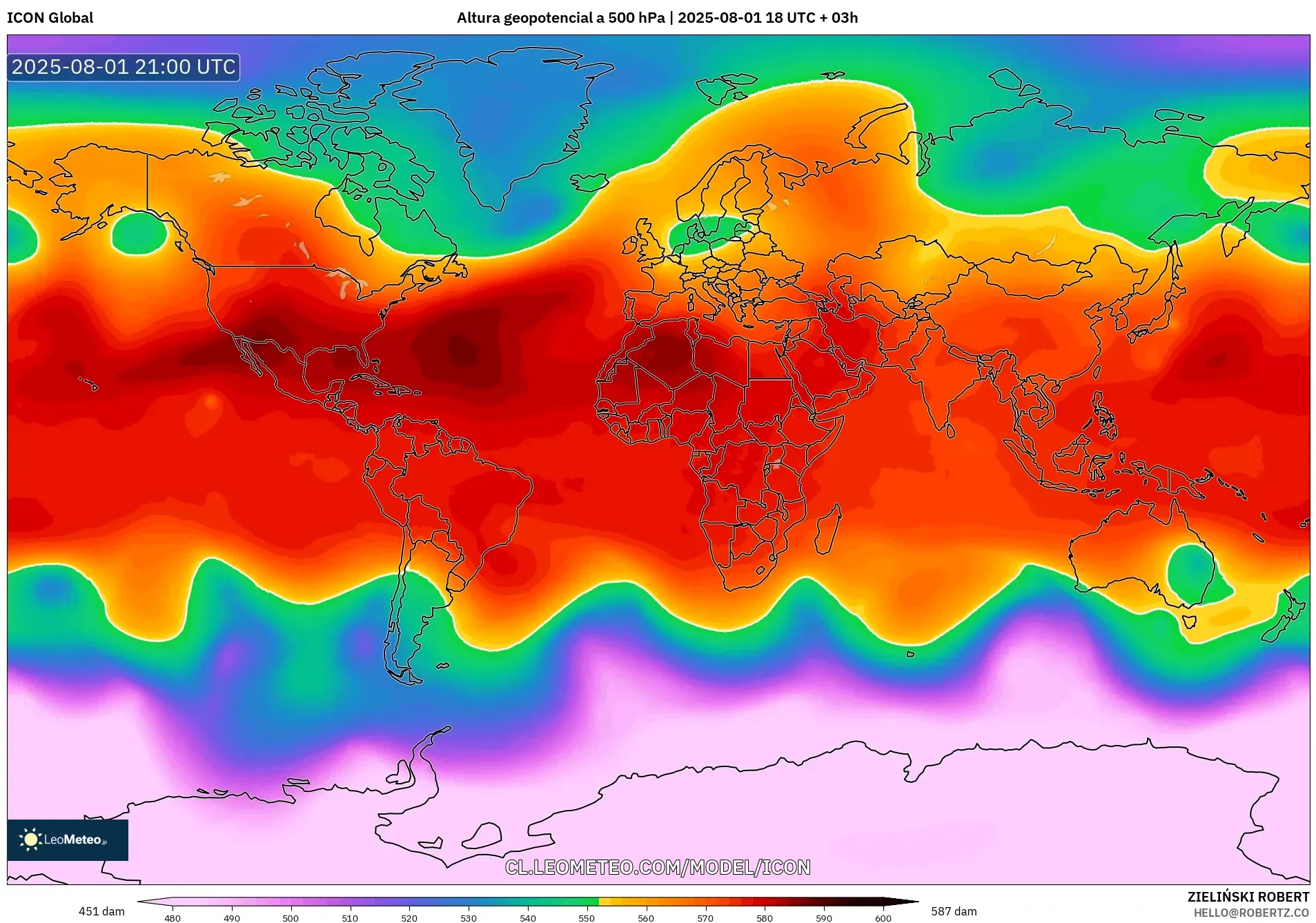 ICON model - Mundo, Altura geopotencial a 500 hPa