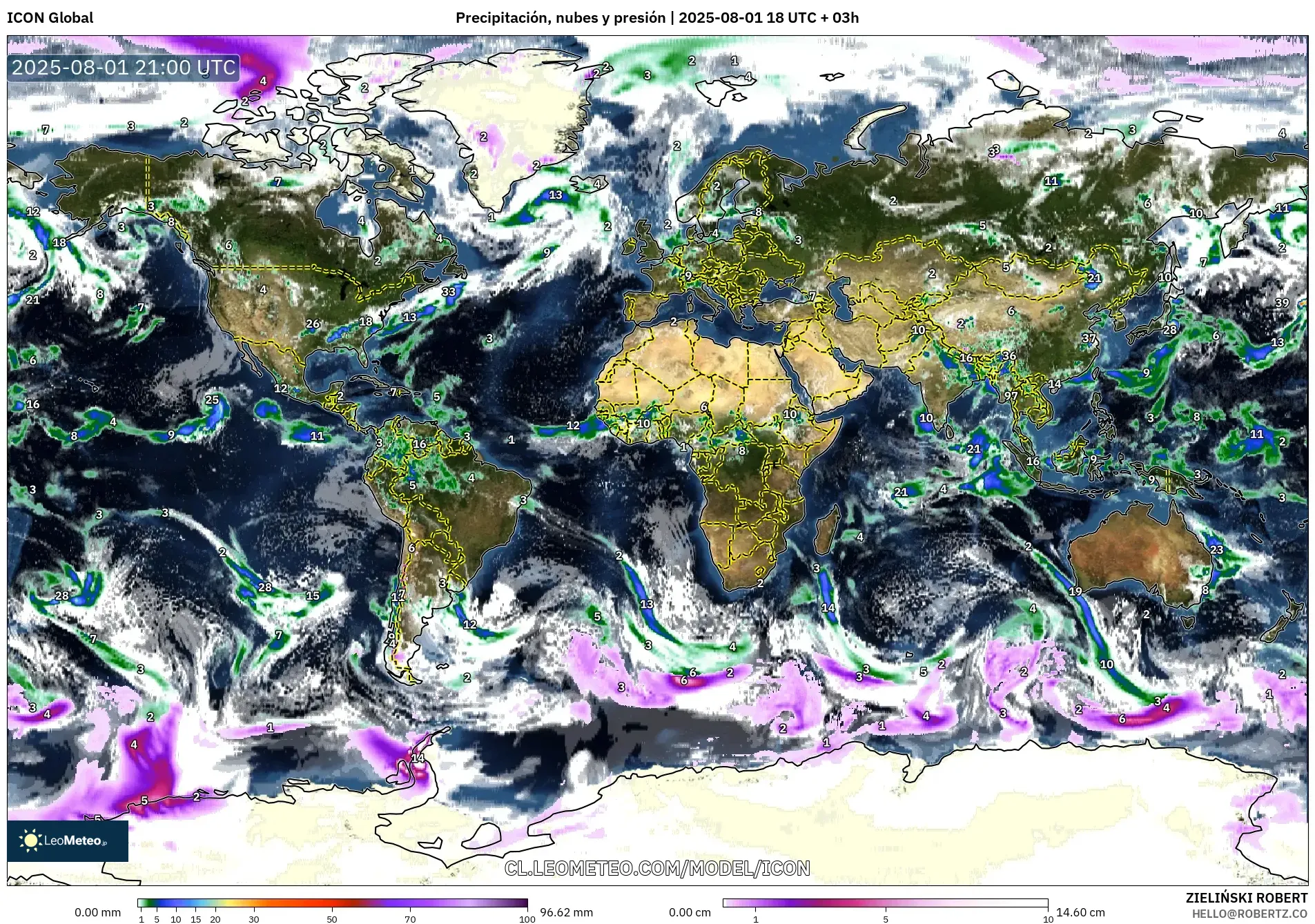 ICON model - Mundo, Precipitación, nubes y presión ICON model - Mundo, Precipitación, nubes y presión