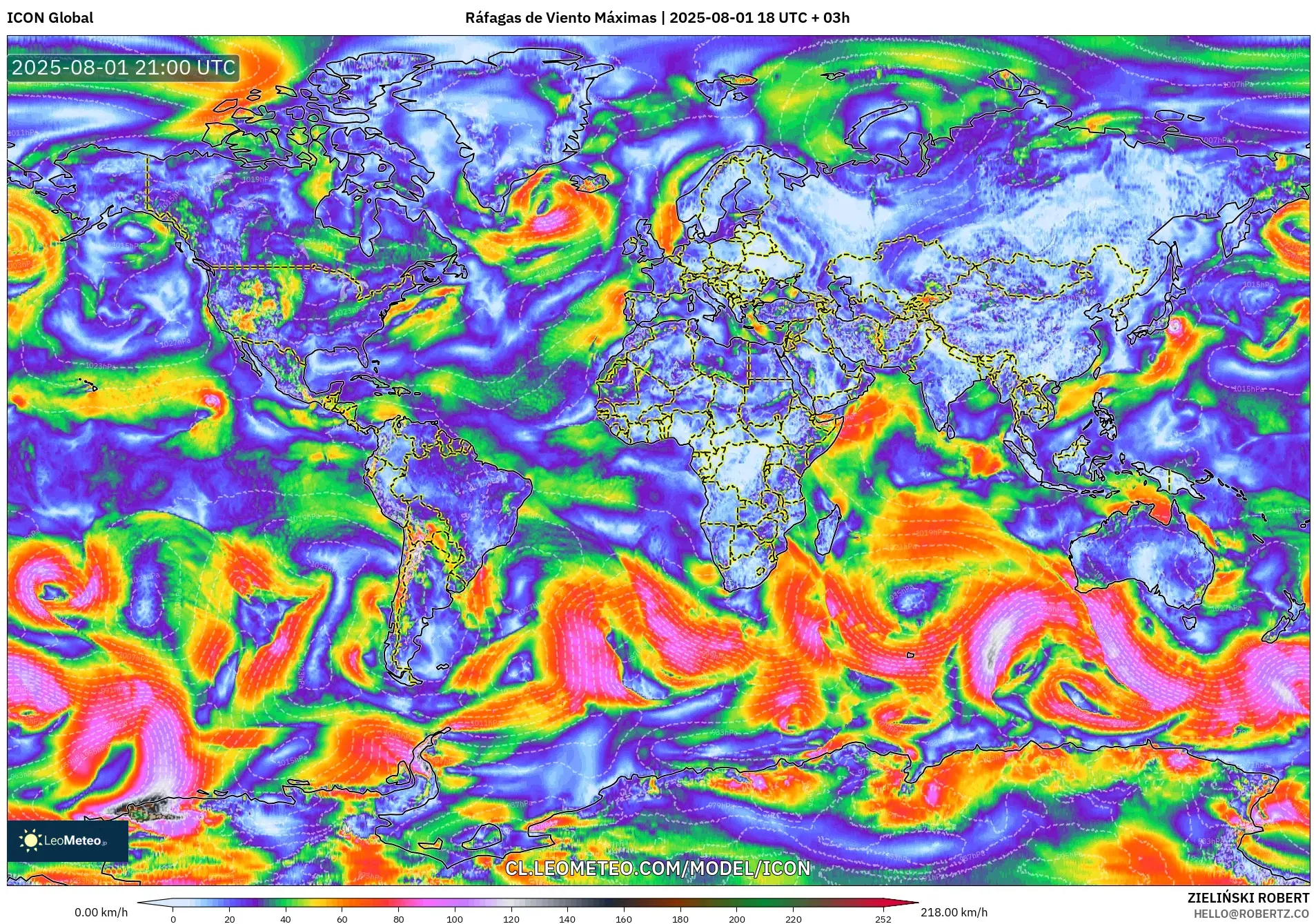 ICON model - Mundo, Ráfagas de Viento Máximas ICON model - Mundo, Ráfagas de Viento Máximas