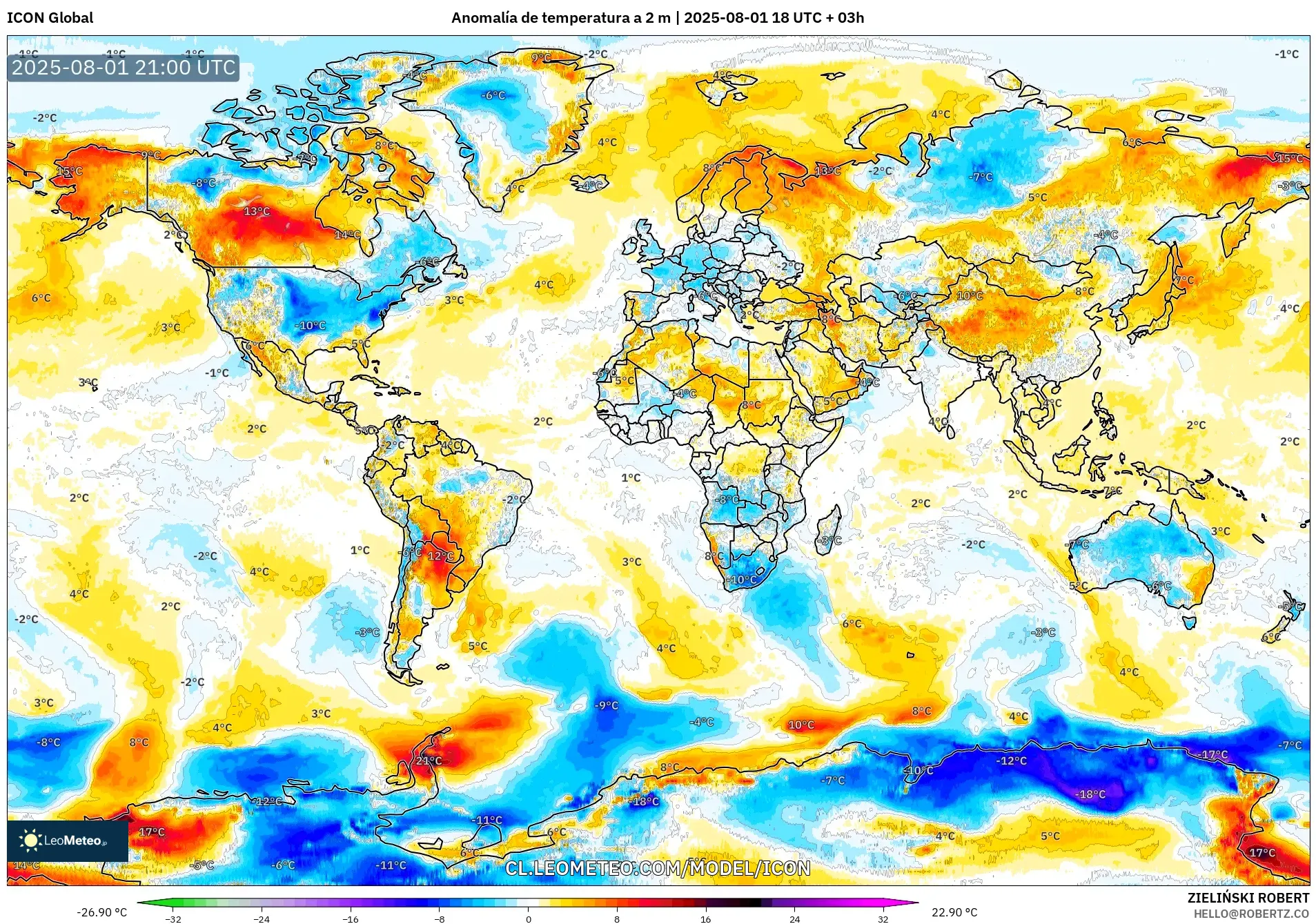 ICON model - Mundo, Anomalía de temperatura a 2 m