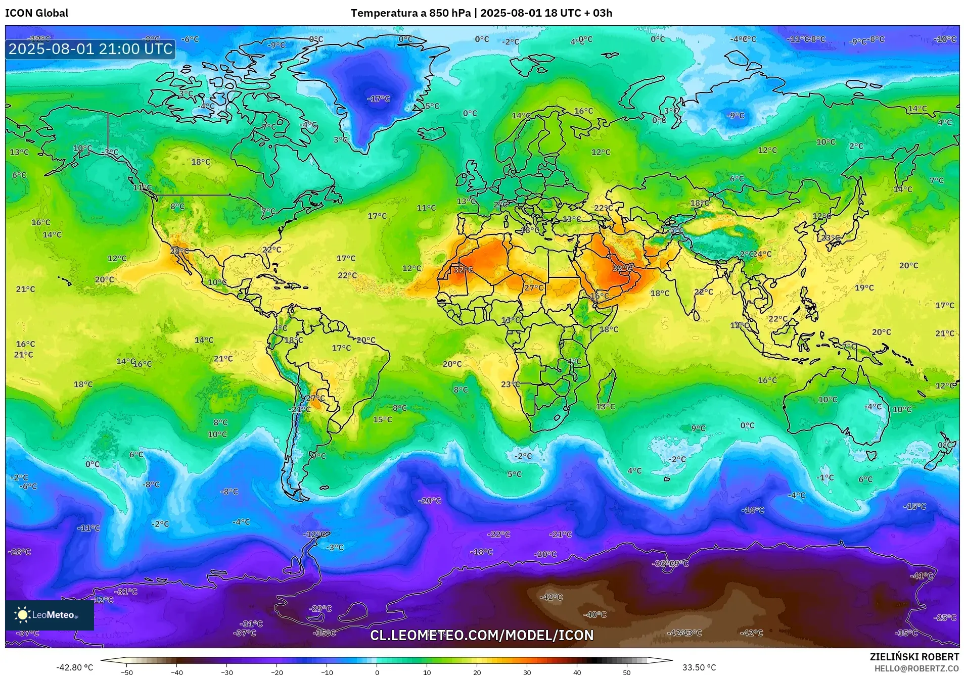 ICON model - Mundo, Temperatura a 850 hPa