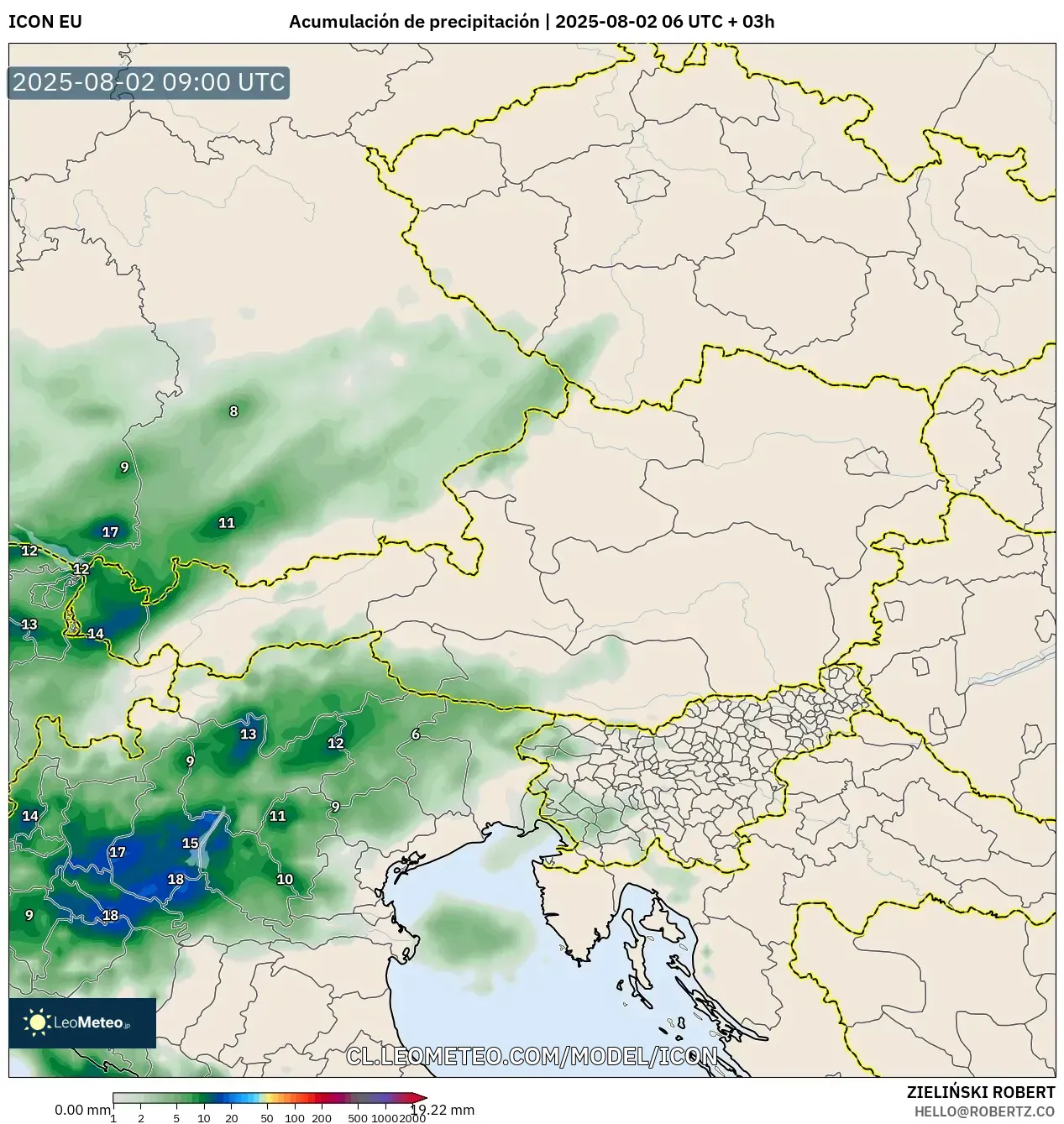 ICON model - Austria, Acumulación de precipitación ICON model - Austria, Acumulación de precipitación