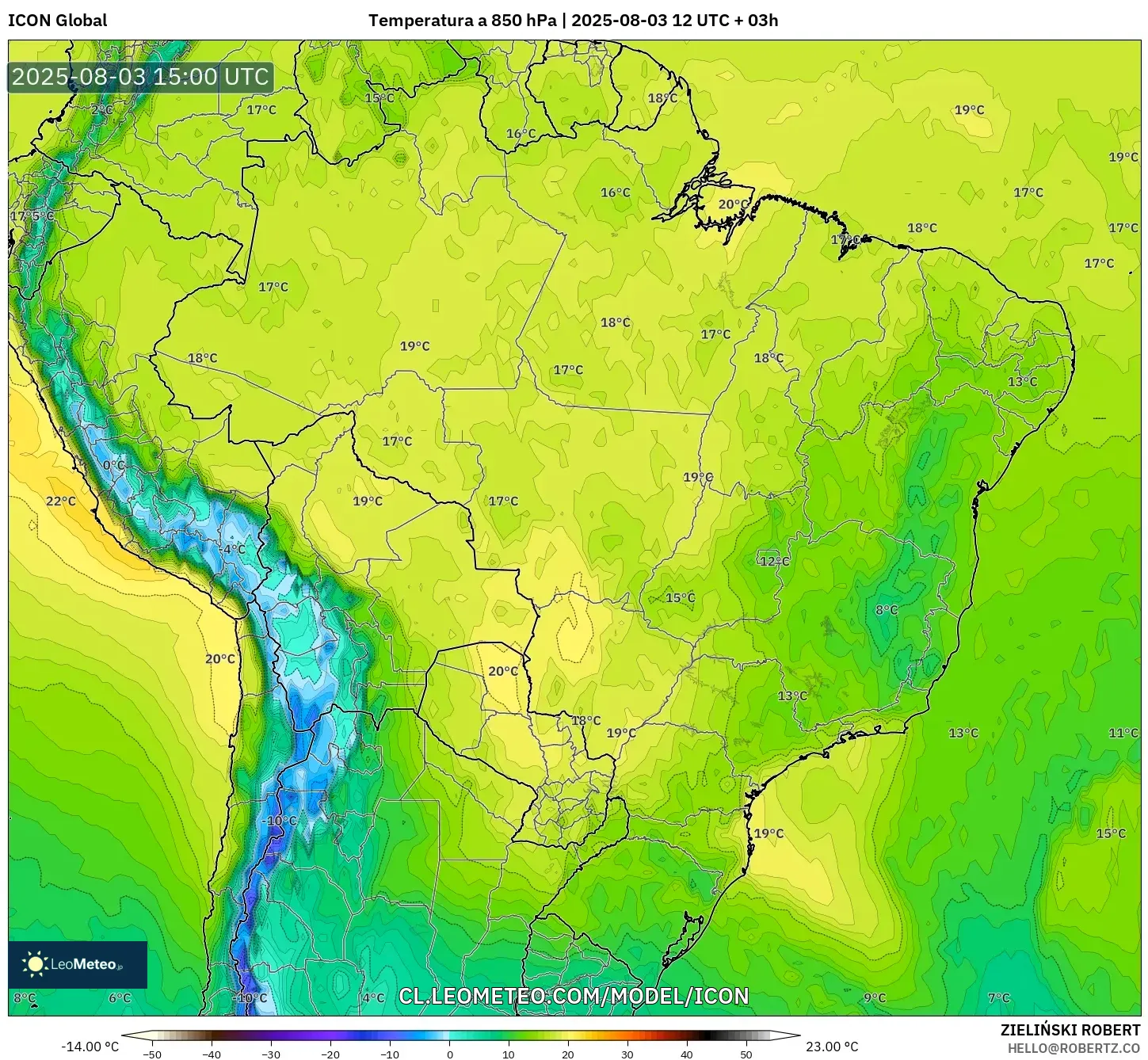 ICON model - Brasil, Temperatura a 850 hPa ICON model - Brasil, Temperatura a 850 hPa