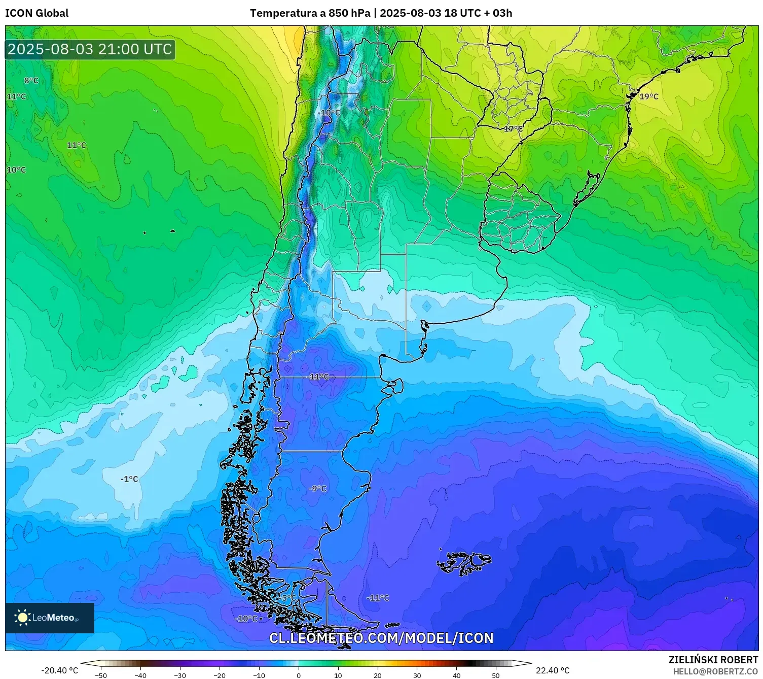 ICON model - Argentina, Temperatura a 850 hPa
