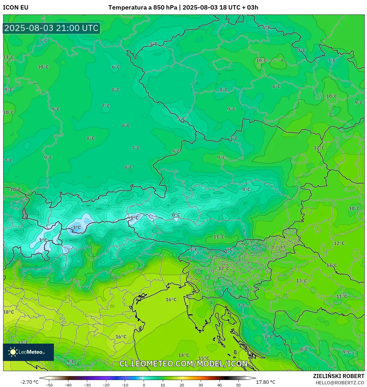 ICON model - Austria, Temperatura a 850 hPa ICON model - Austria, Temperatura a 850 hPa