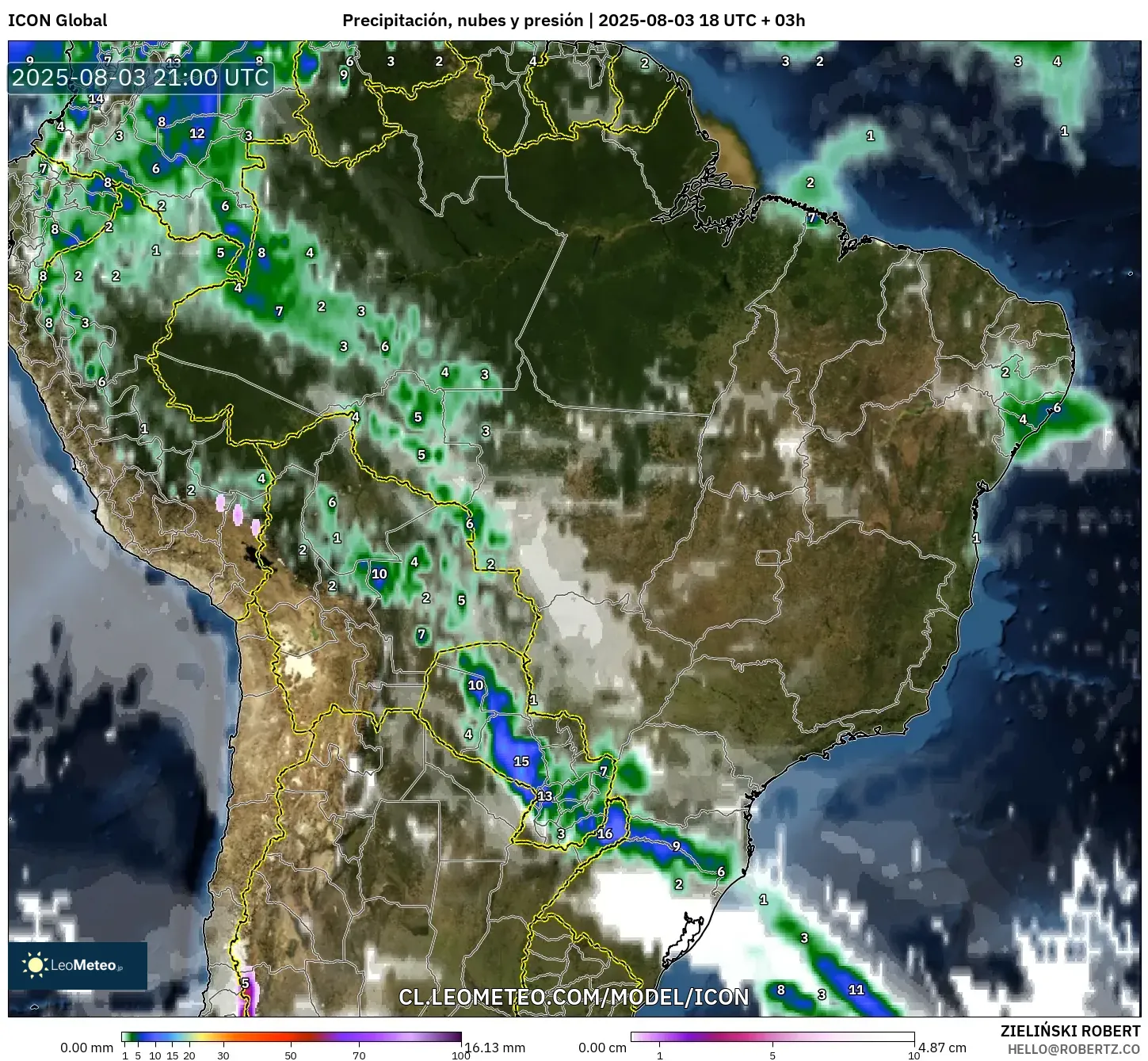 ICON model - Brasil, Precipitación, nubes y presión
