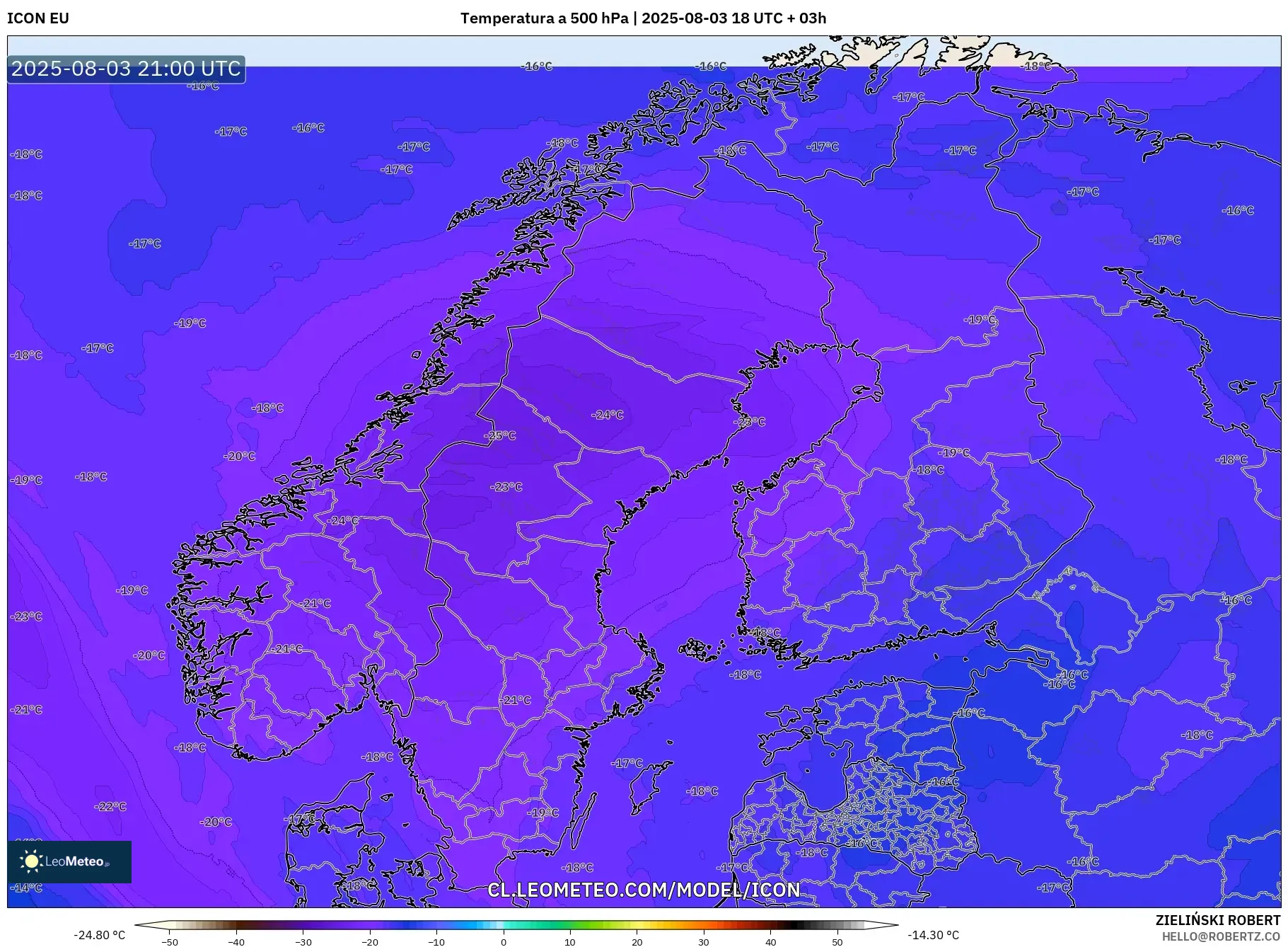 ICON model - Escandinavia, Temperatura a 500 hPa ICON model - Escandinavia, Temperatura a 500 hPa