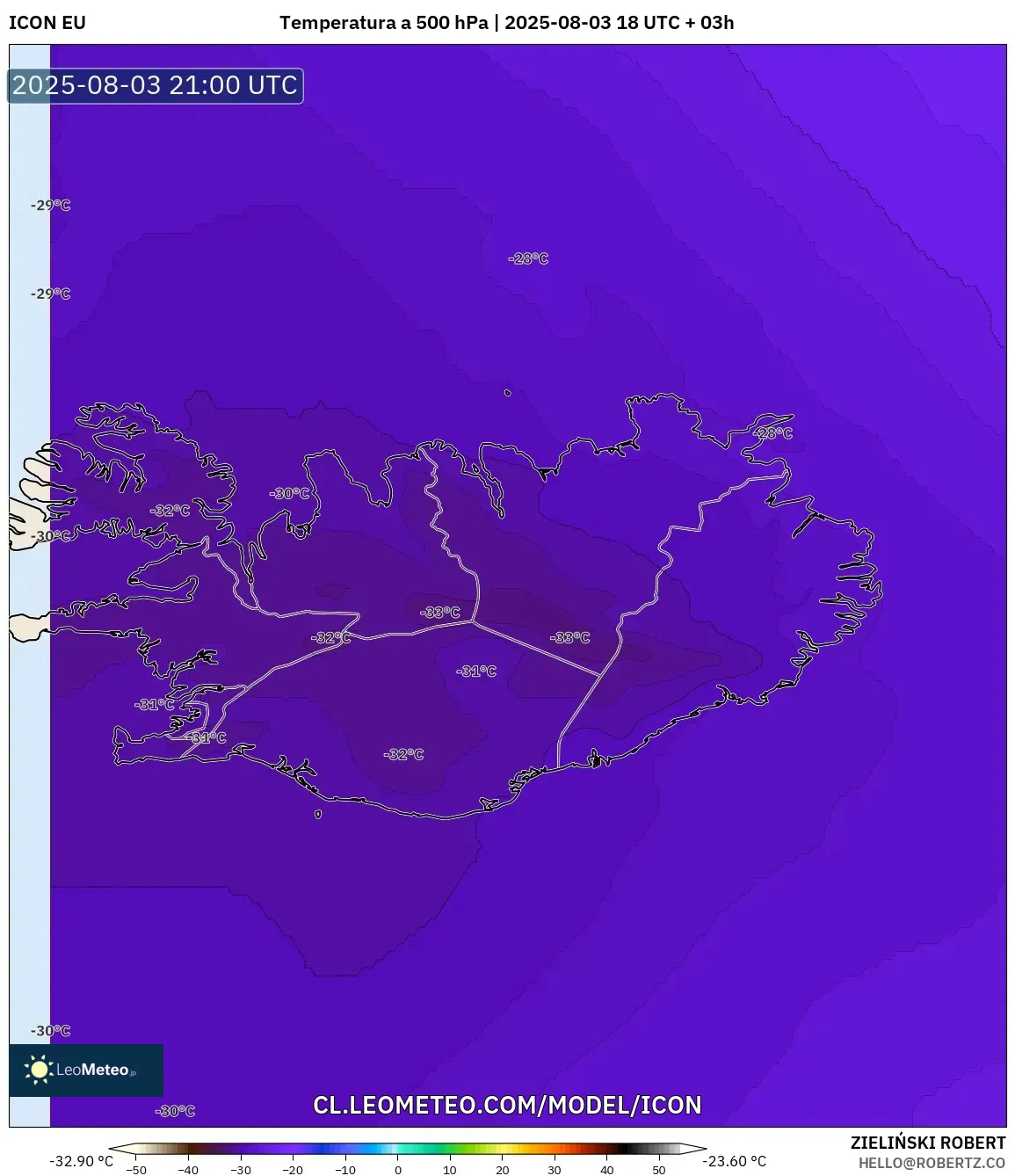 ICON model - Islandia, Temperatura a 500 hPa