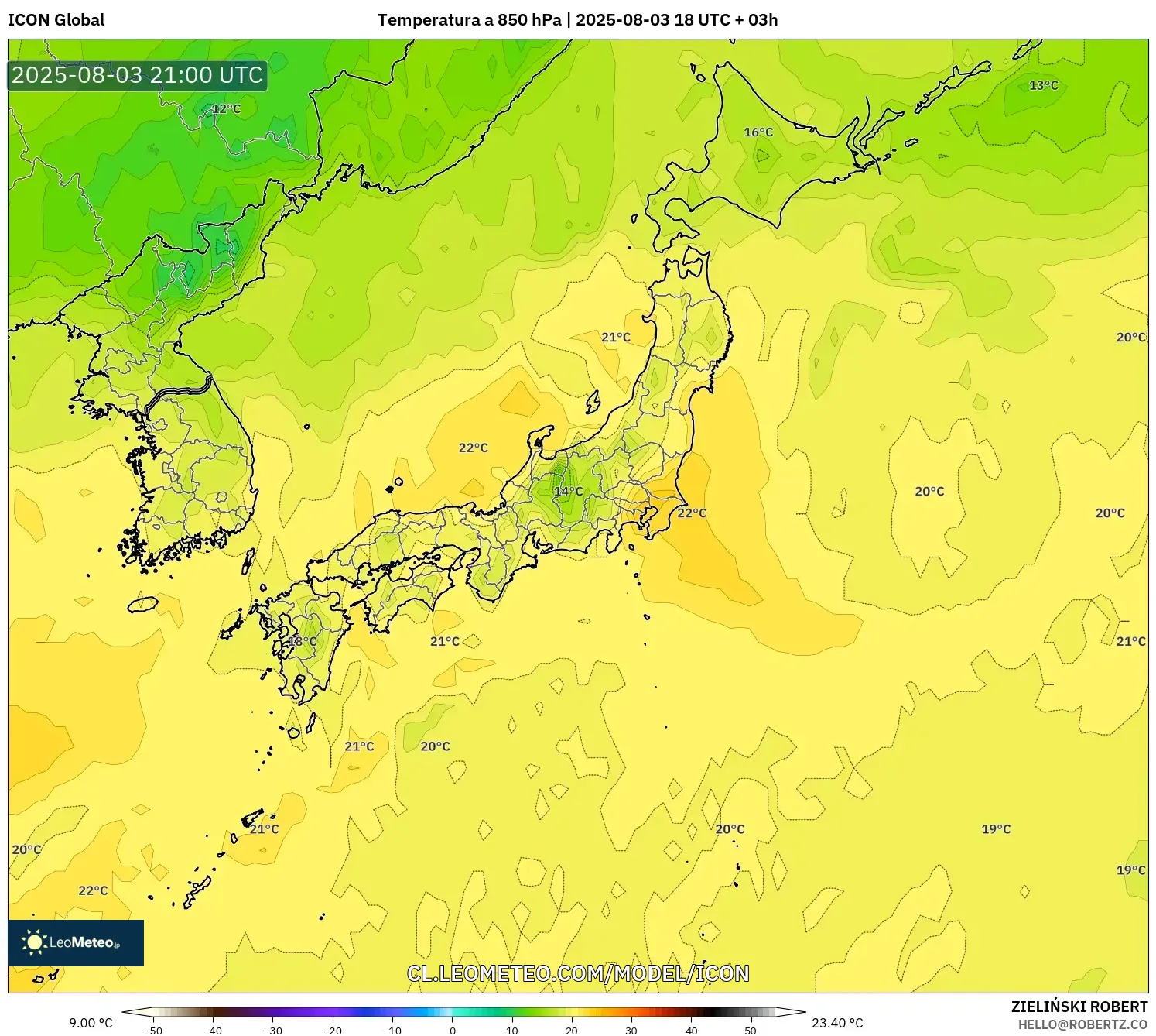 ICON model - Japón, Temperatura a 850 hPa ICON model - Japón, Temperatura a 850 hPa