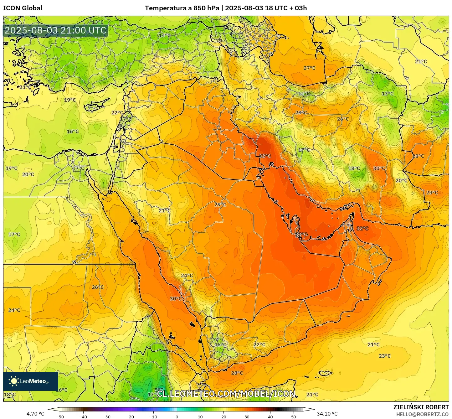 ICON model - Oriente Medio, Temperatura a 850 hPa
