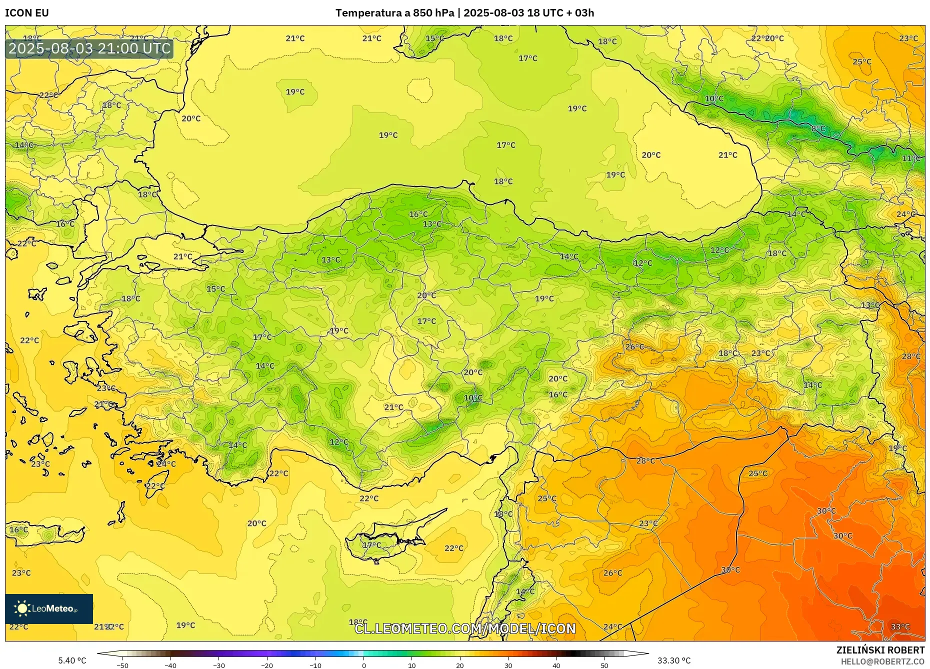 ICON model - Turquía, Temperatura a 850 hPa ICON model - Turquía, Temperatura a 850 hPa