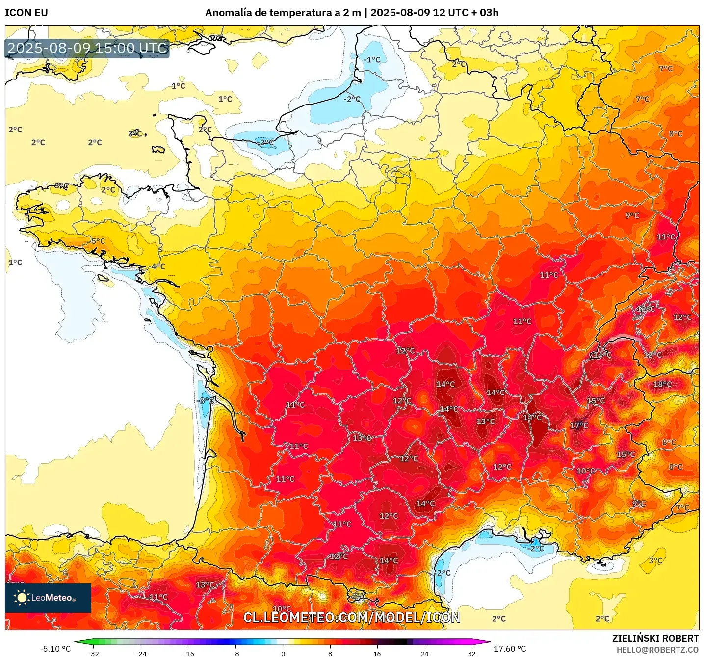 ICON model - Francia, Anomalía de temperatura a 2 m ICON model - Francia, Anomalía de temperatura a 2 m