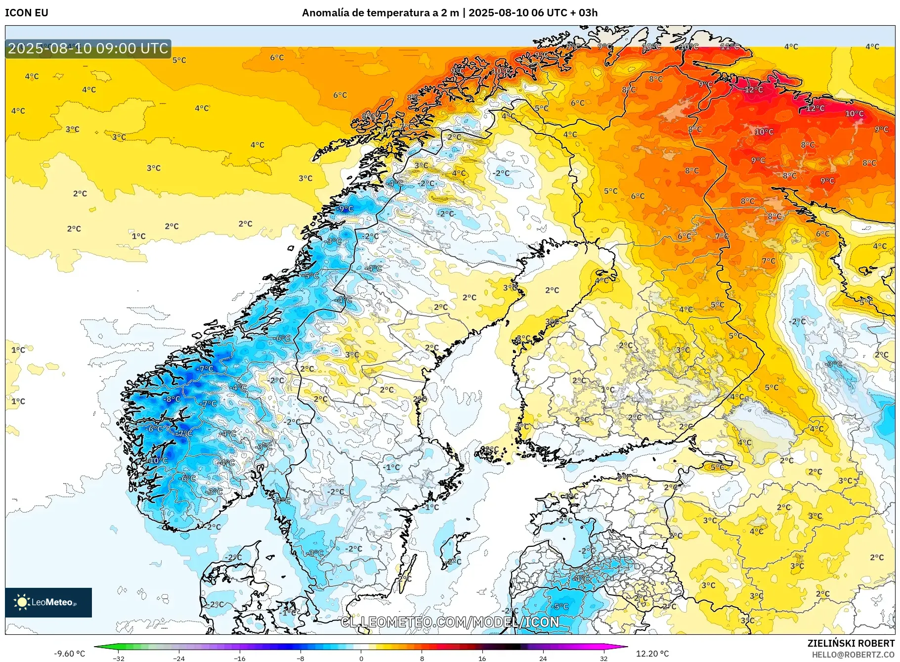 ICON model - Escandinavia, Anomalía de temperatura a 2 m ICON model - Escandinavia, Anomalía de temperatura a 2 m
