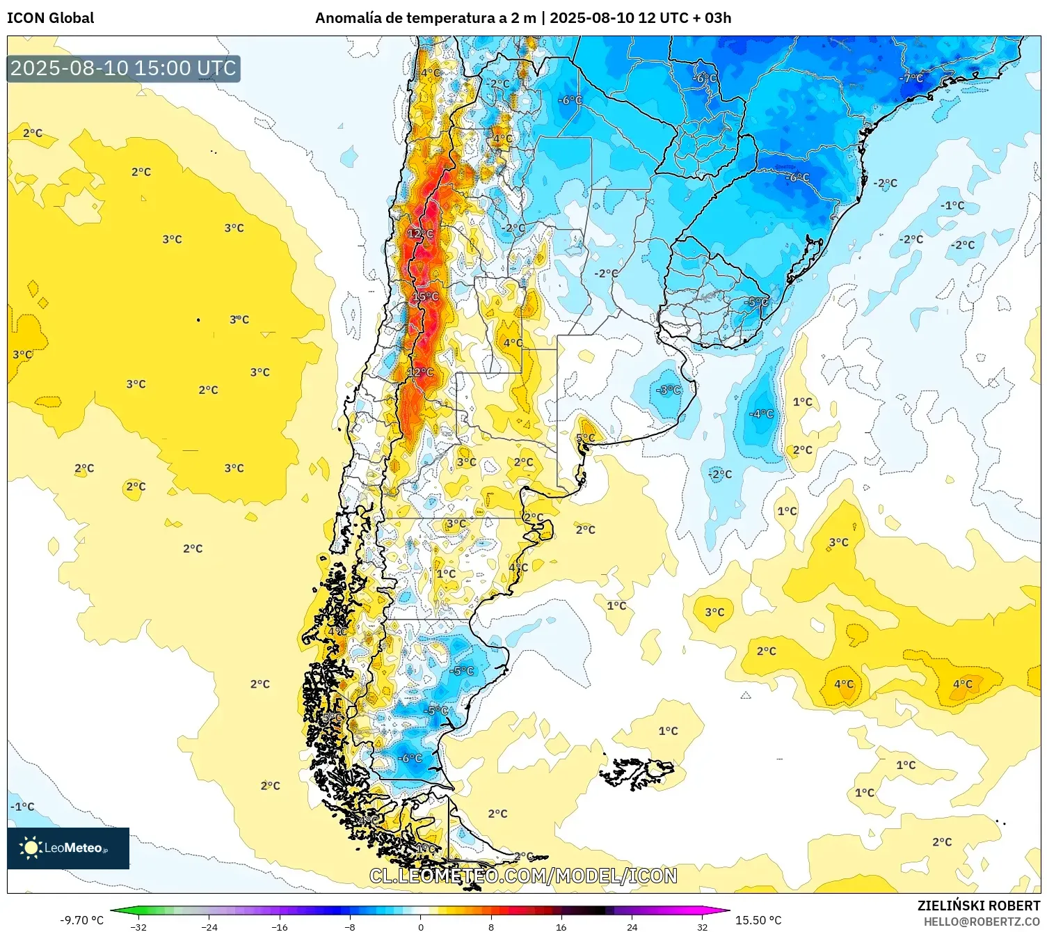 ICON model - Argentina, Anomalía de temperatura a 2 m