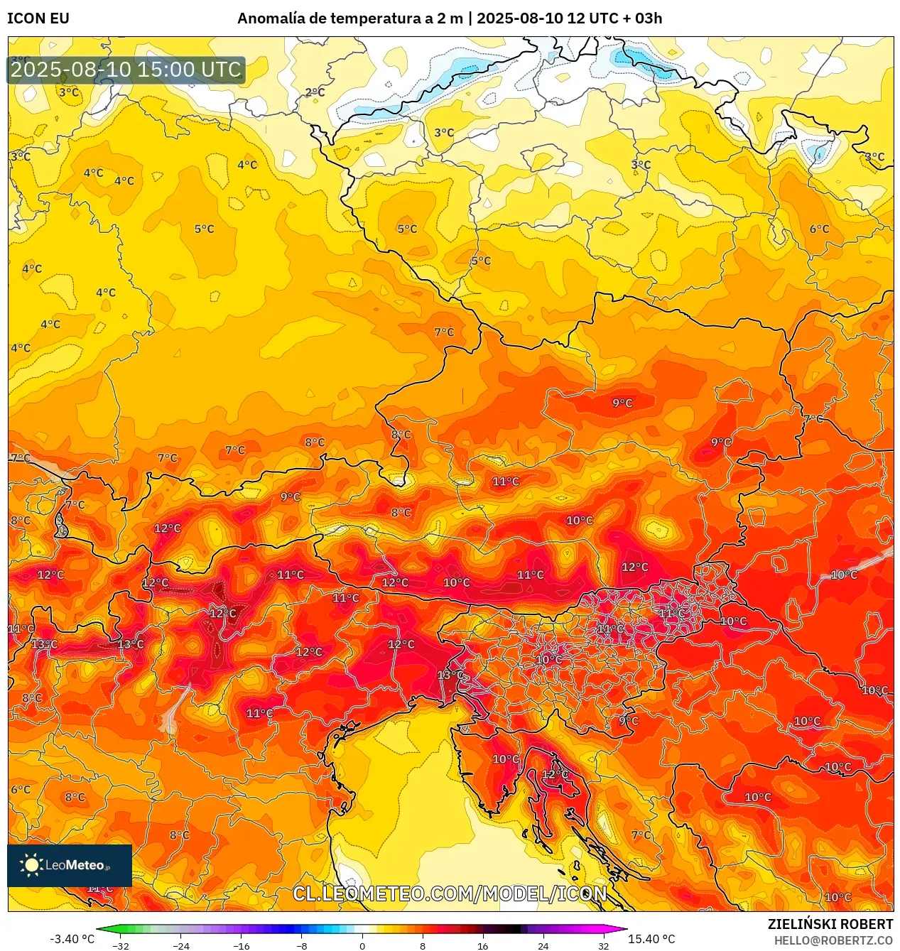 ICON model - Austria, Anomalía de temperatura a 2 m
