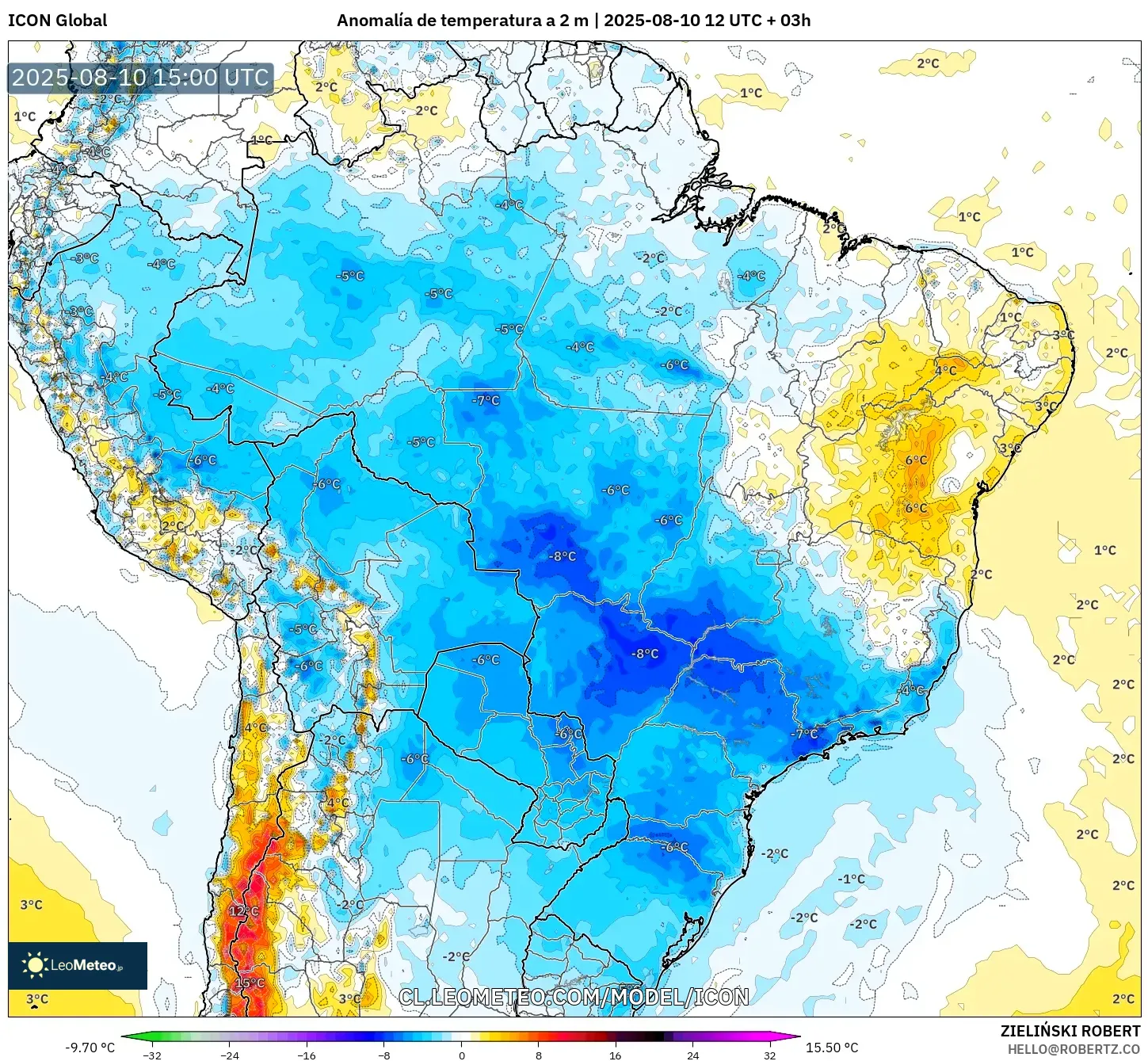 ICON model - Brasil, Anomalía de temperatura a 2 m ICON model - Brasil, Anomalía de temperatura a 2 m