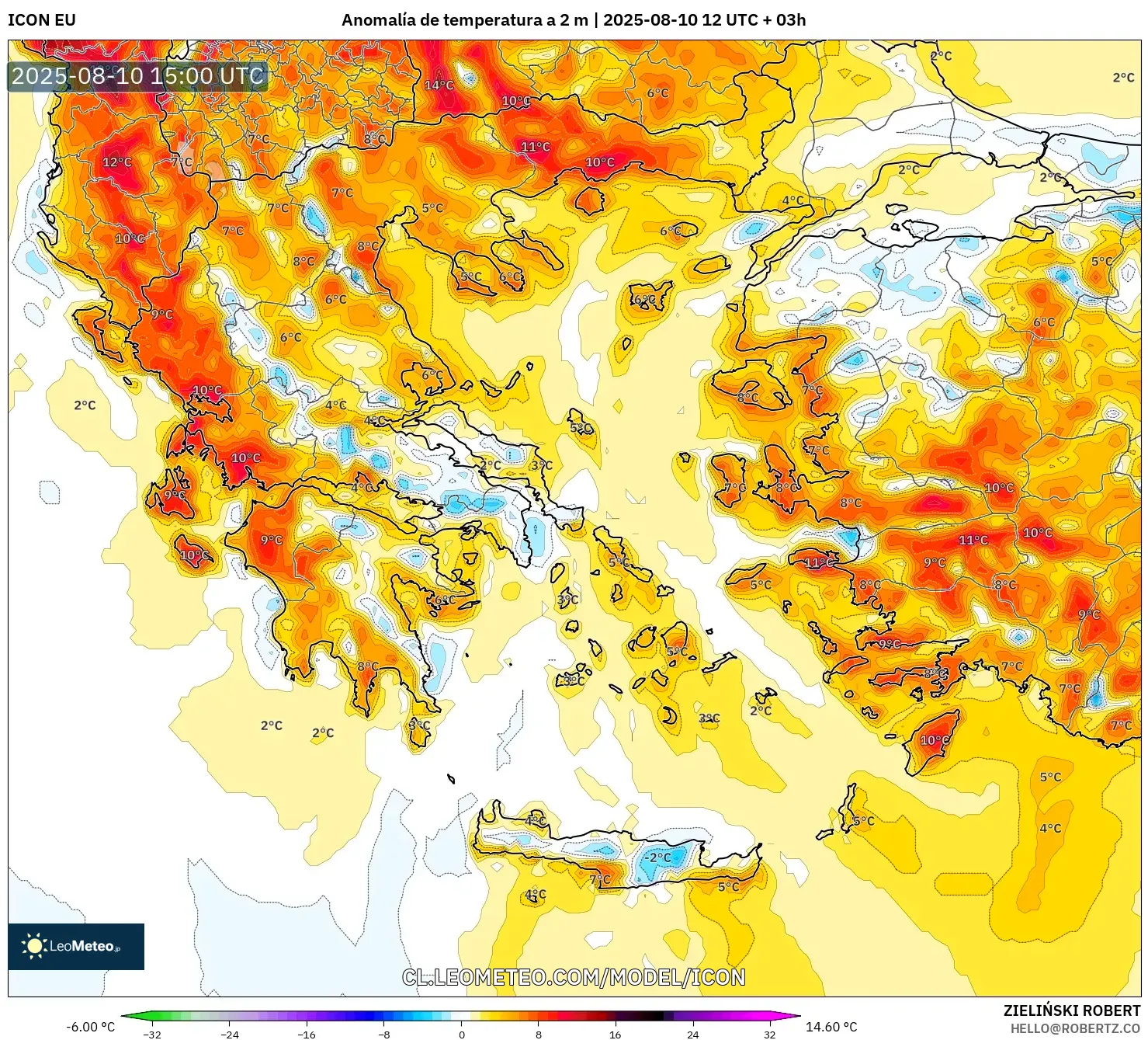 ICON model - Grecia, Anomalía de temperatura a 2 m ICON model - Grecia, Anomalía de temperatura a 2 m