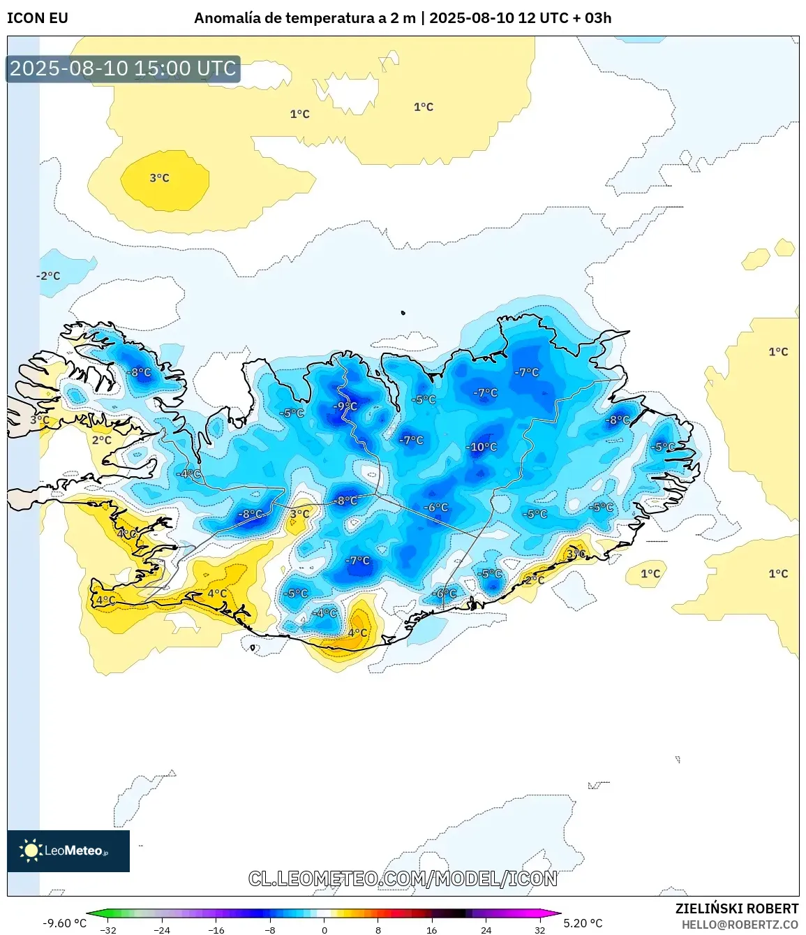 ICON model - Islandia, Anomalía de temperatura a 2 m ICON model - Islandia, Anomalía de temperatura a 2 m