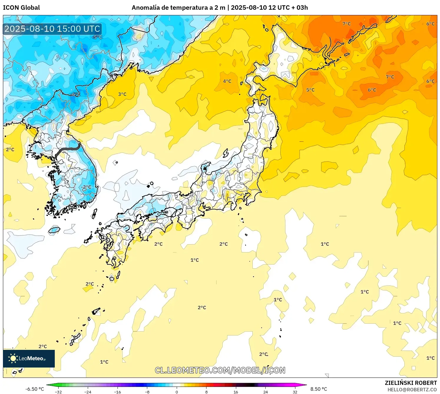 ICON model - Japón, Anomalía de temperatura a 2 m ICON model - Japón, Anomalía de temperatura a 2 m