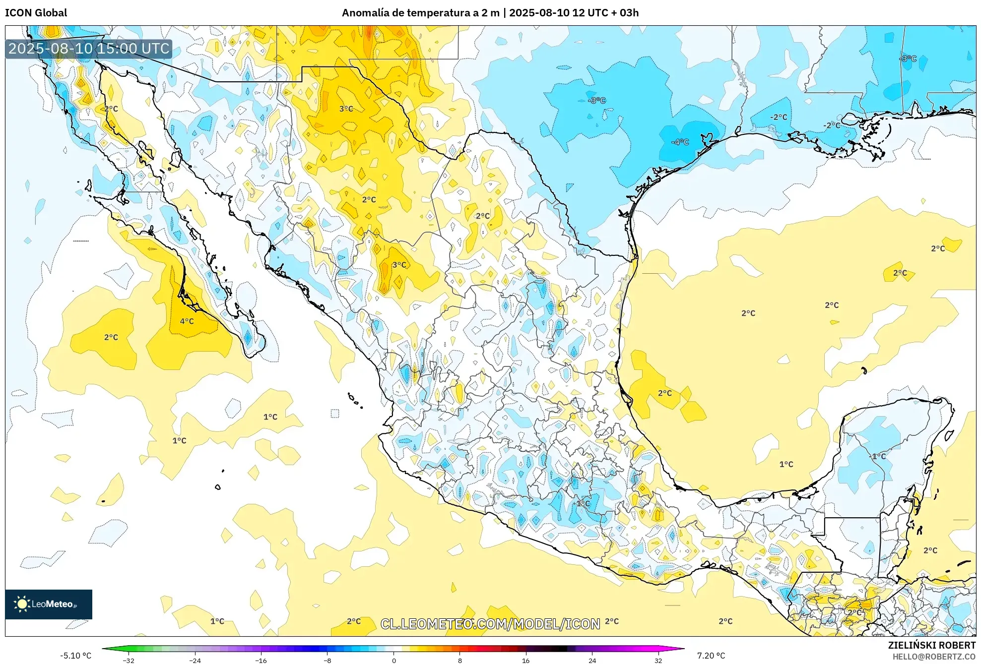 ICON model - México, Anomalía de temperatura a 2 m