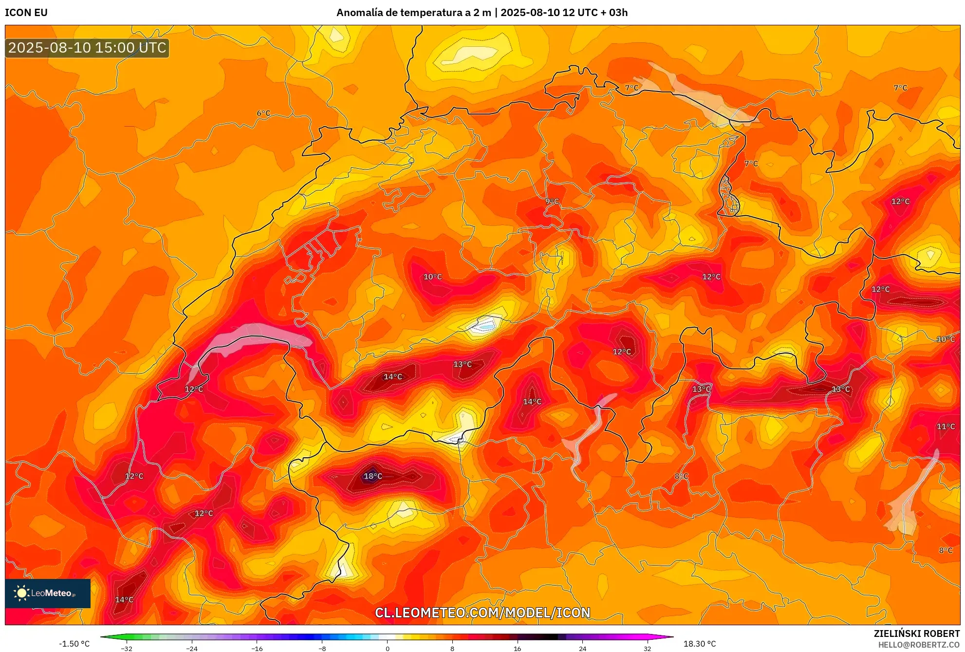 ICON model - Suiza, Anomalía de temperatura a 2 m