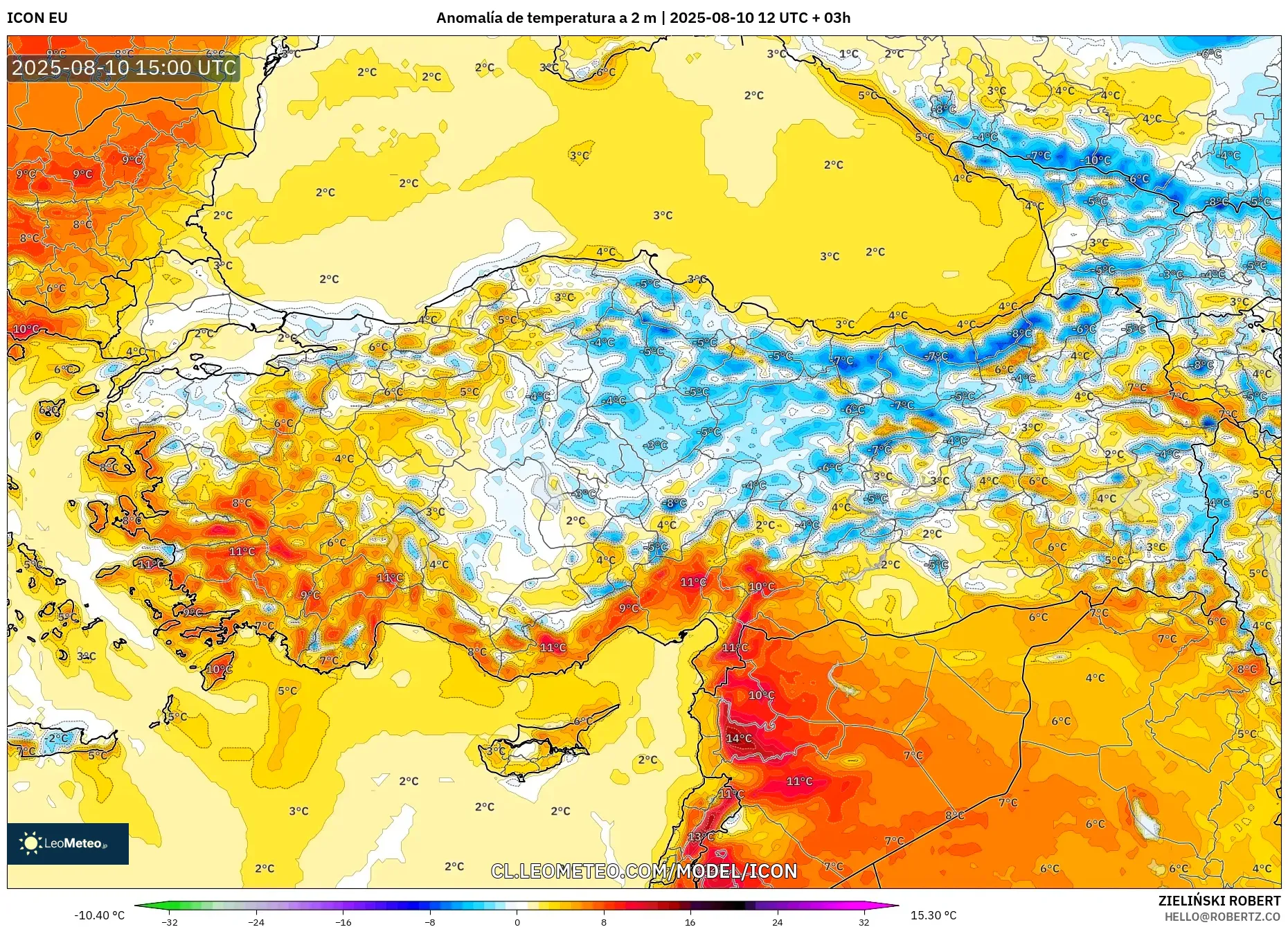 ICON model - Turquía, Anomalía de temperatura a 2 m ICON model - Turquía, Anomalía de temperatura a 2 m