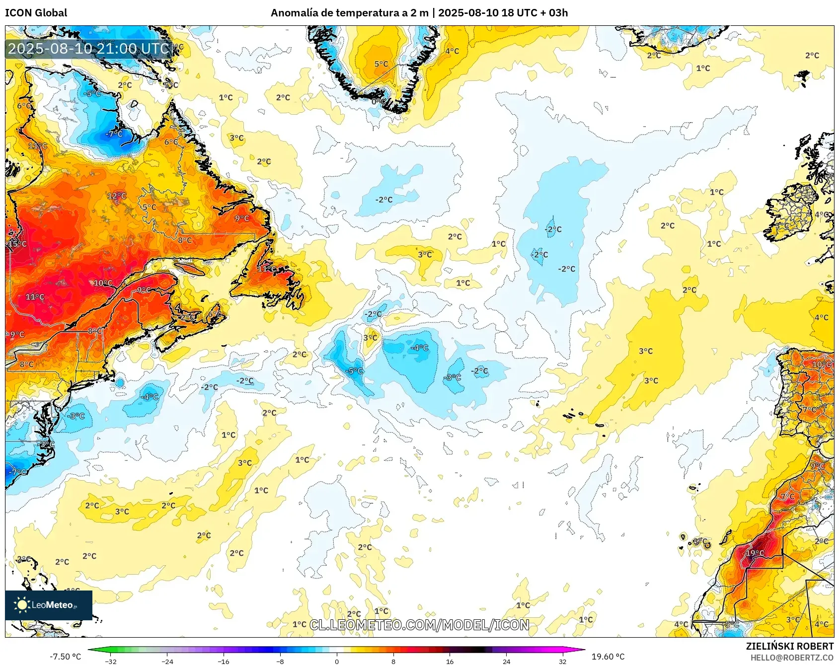 ICON model - Norte Atlántico, Anomalía de temperatura a 2 m