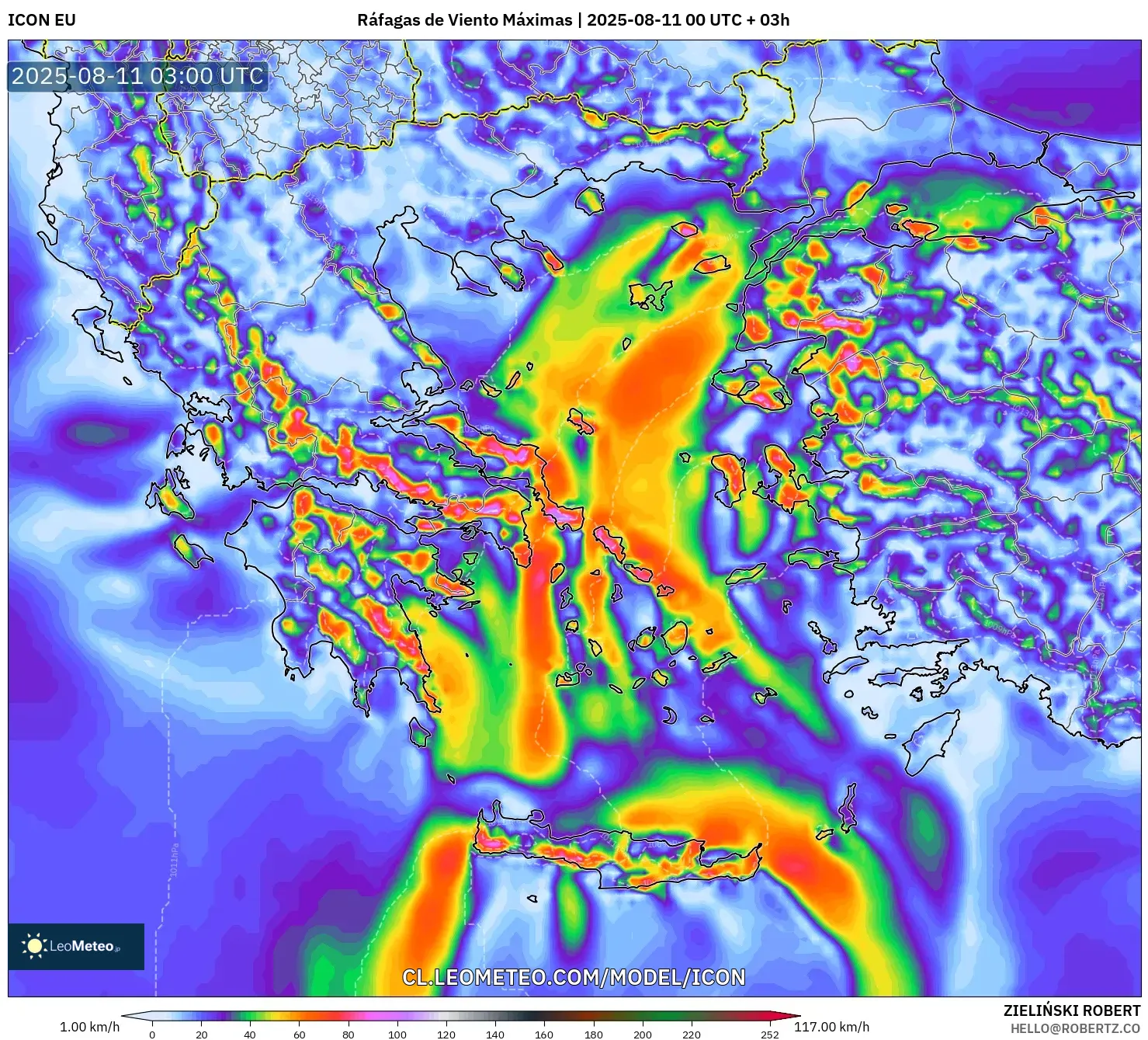 ICON model - Grecia, Ráfagas de Viento Máximas