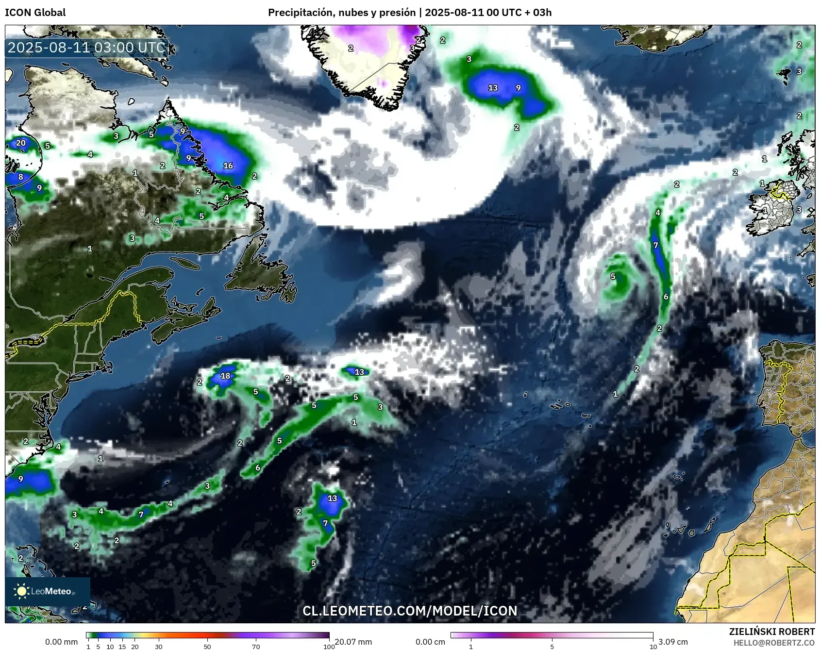ICON model - Norte Atlántico, Precipitación, nubes y presión