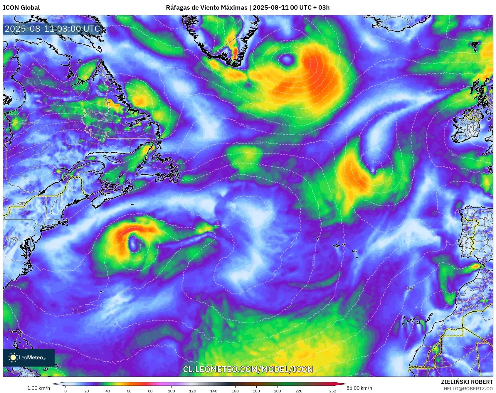ICON model - Norte Atlántico, Ráfagas de Viento Máximas ICON model - Norte Atlántico, Ráfagas de Viento Máximas