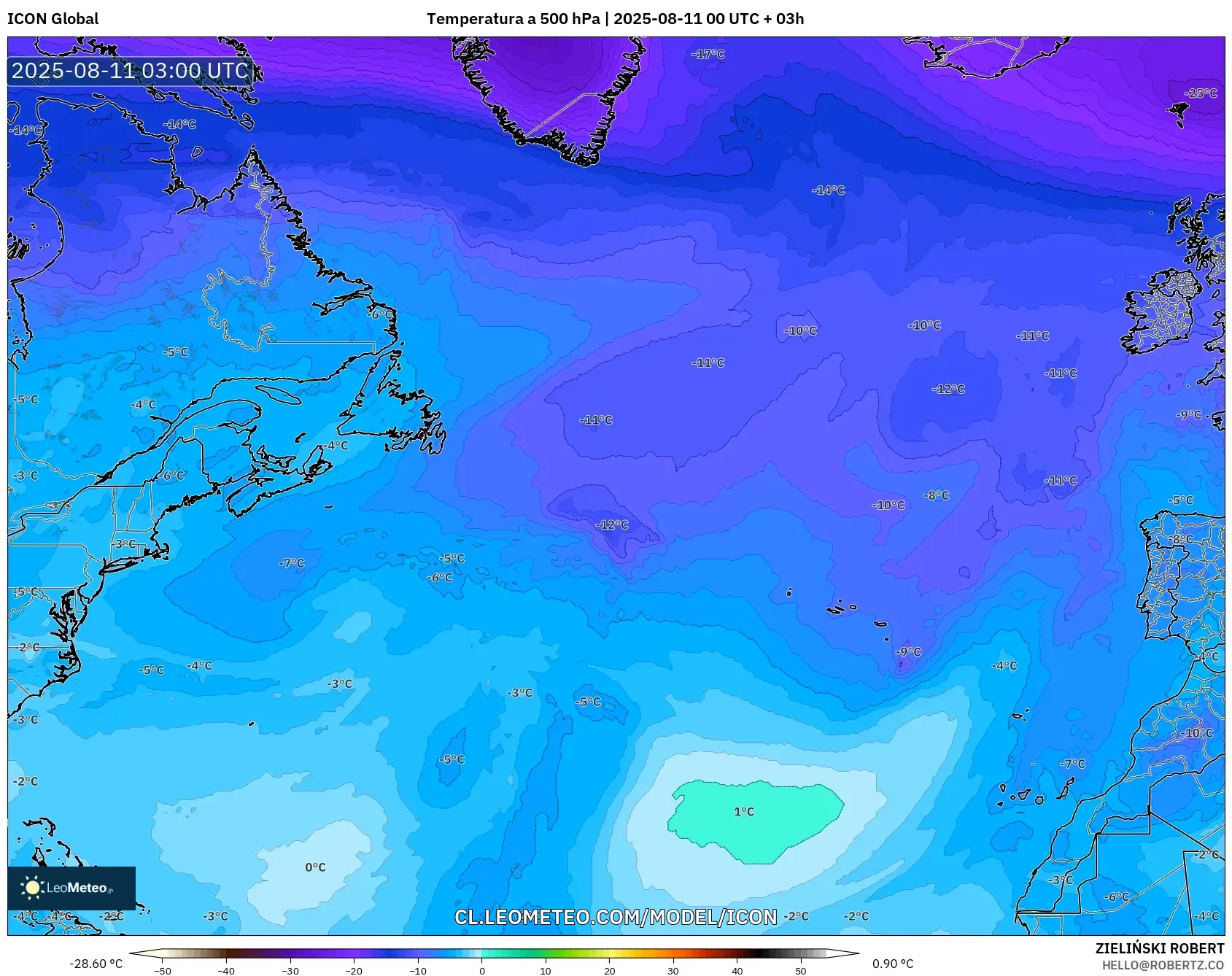 ICON model - Norte Atlántico, Temperatura a 500 hPa