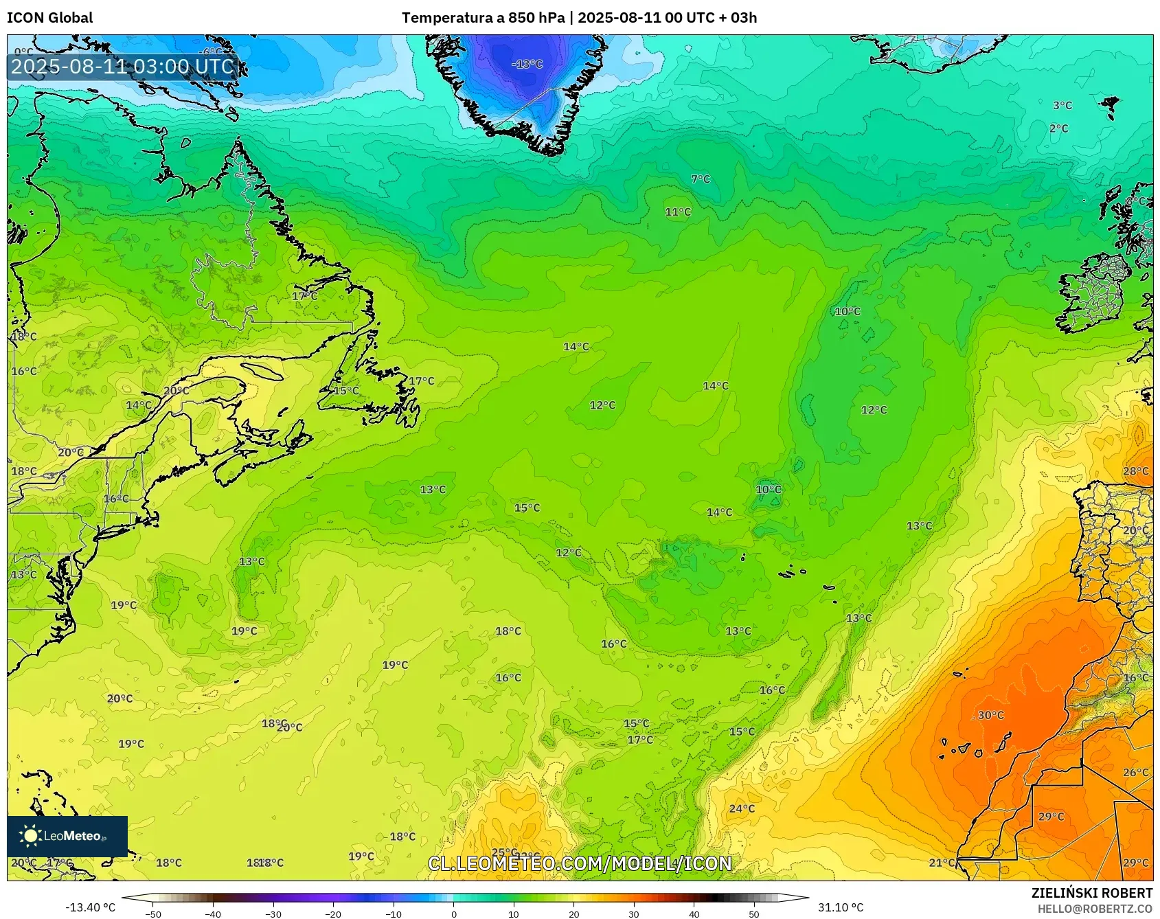 ICON model - Norte Atlántico, Temperatura a 850 hPa
