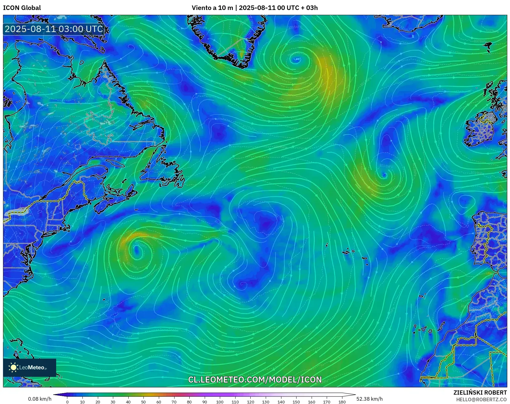 ICON model - Norte Atlántico, Viento a 10 m