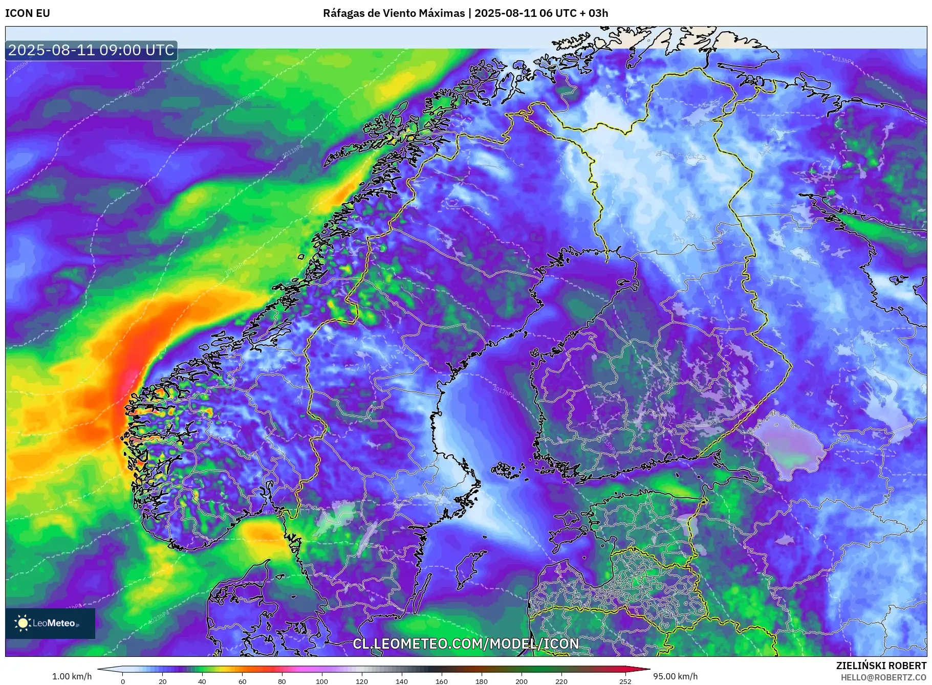 ICON model - Escandinavia, Ráfagas de Viento Máximas