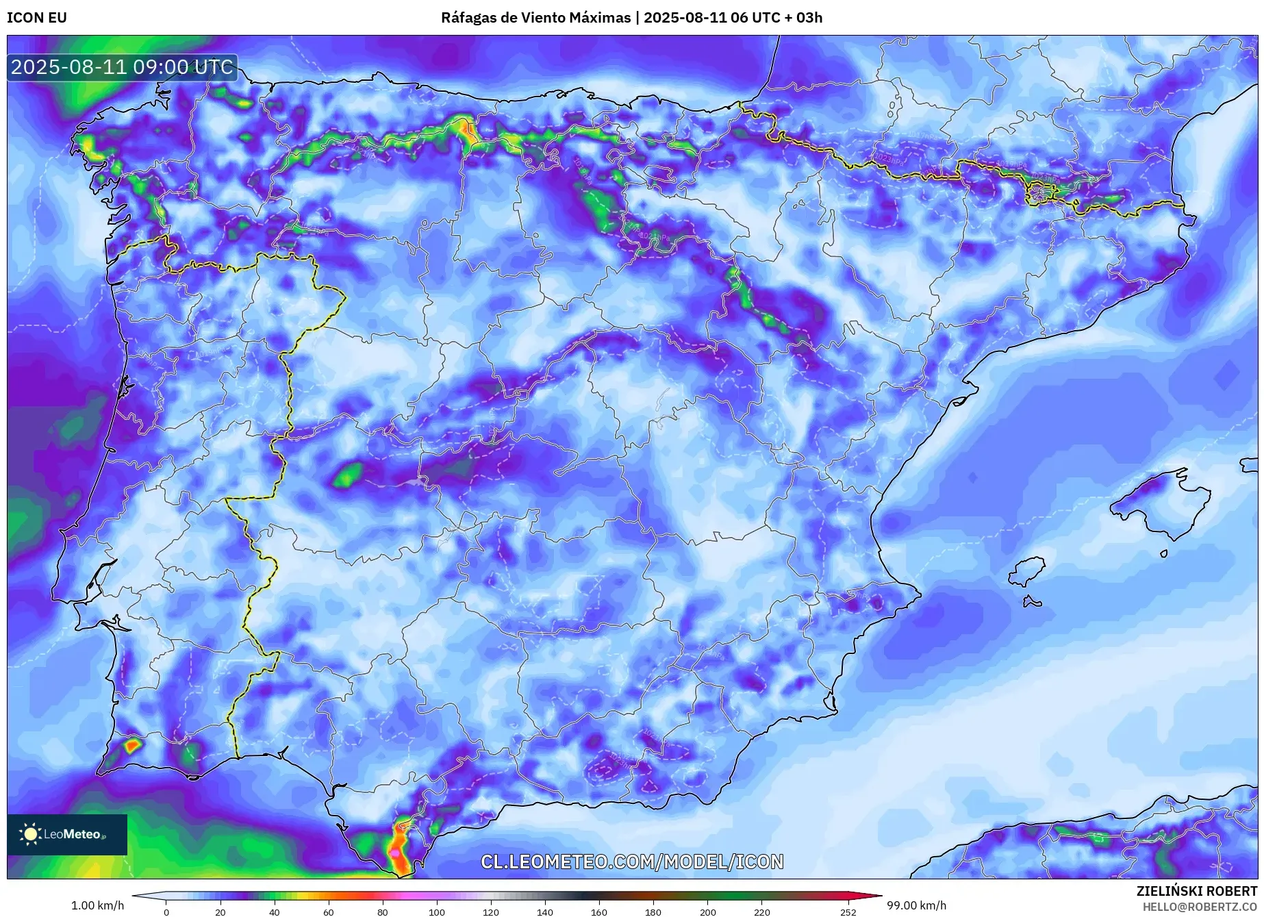 ICON model - España, Ráfagas de Viento Máximas