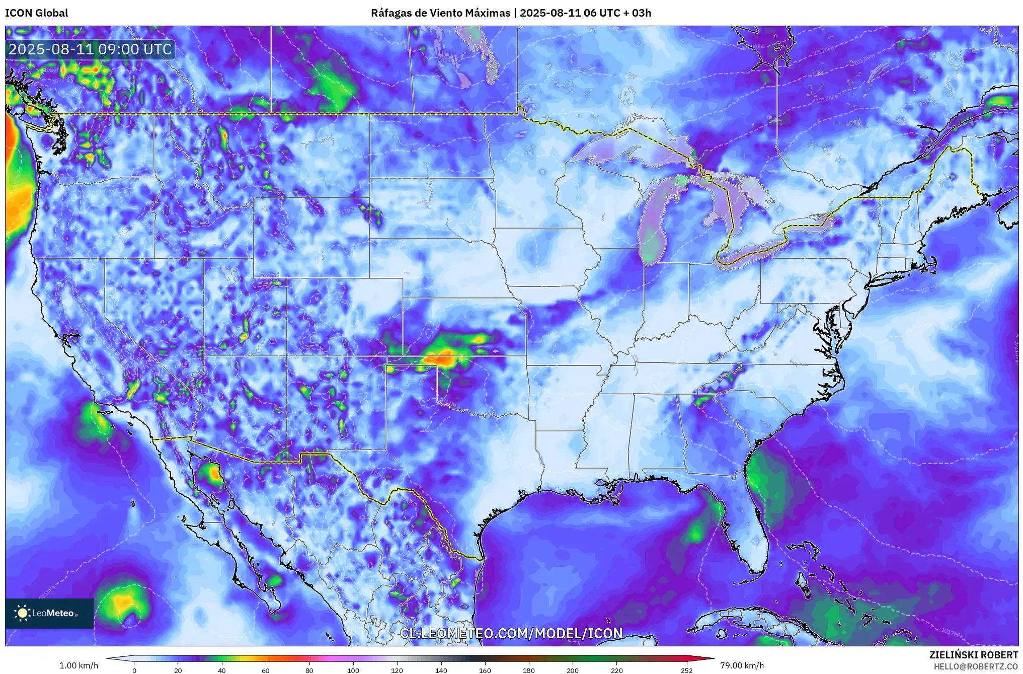 ICON model - Estados Unidos, Ráfagas de Viento Máximas