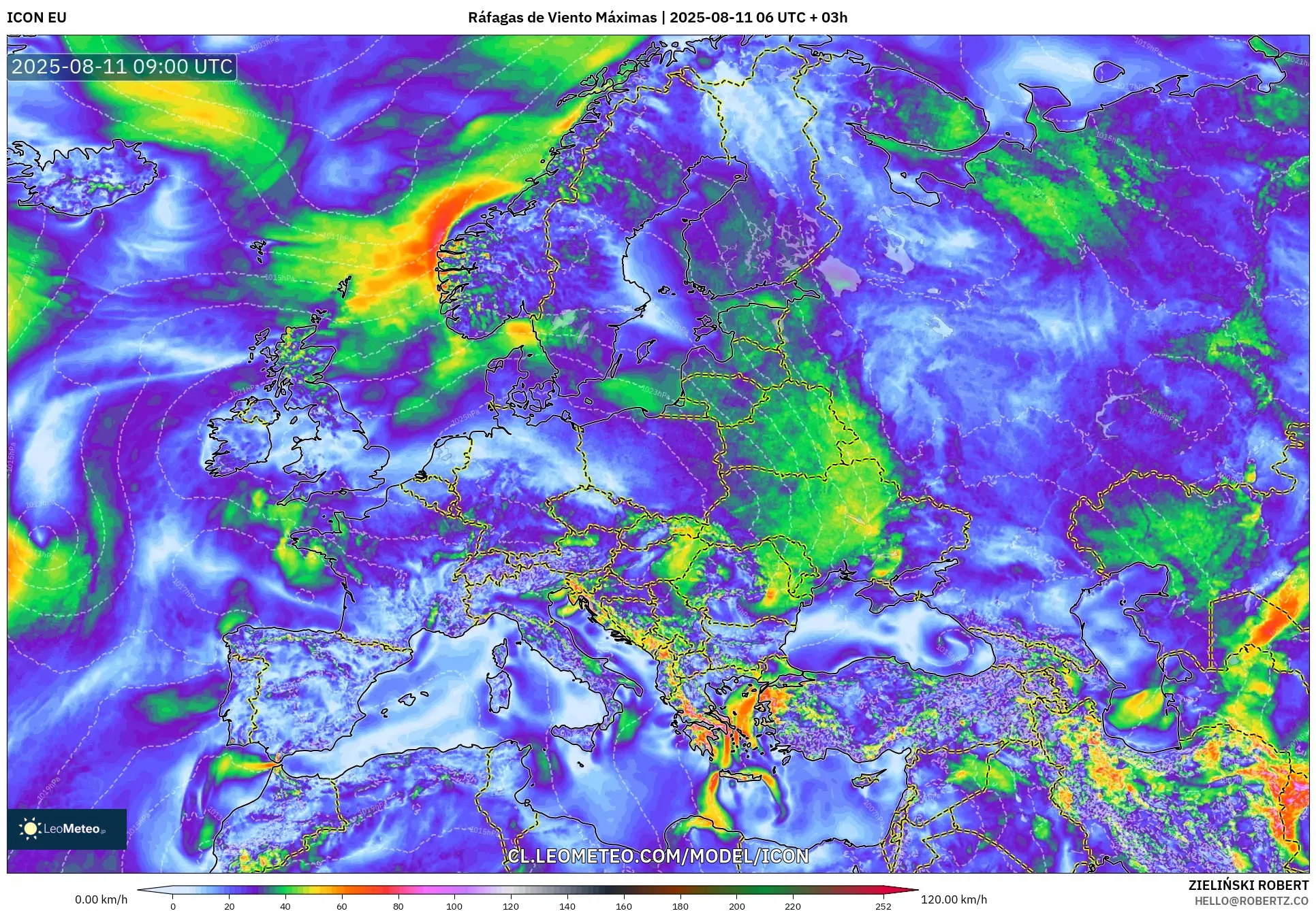 ICON model - Europa, Ráfagas de Viento Máximas