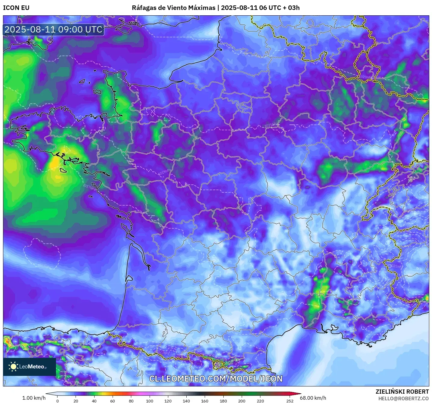 ICON model - Francia, Ráfagas de Viento Máximas