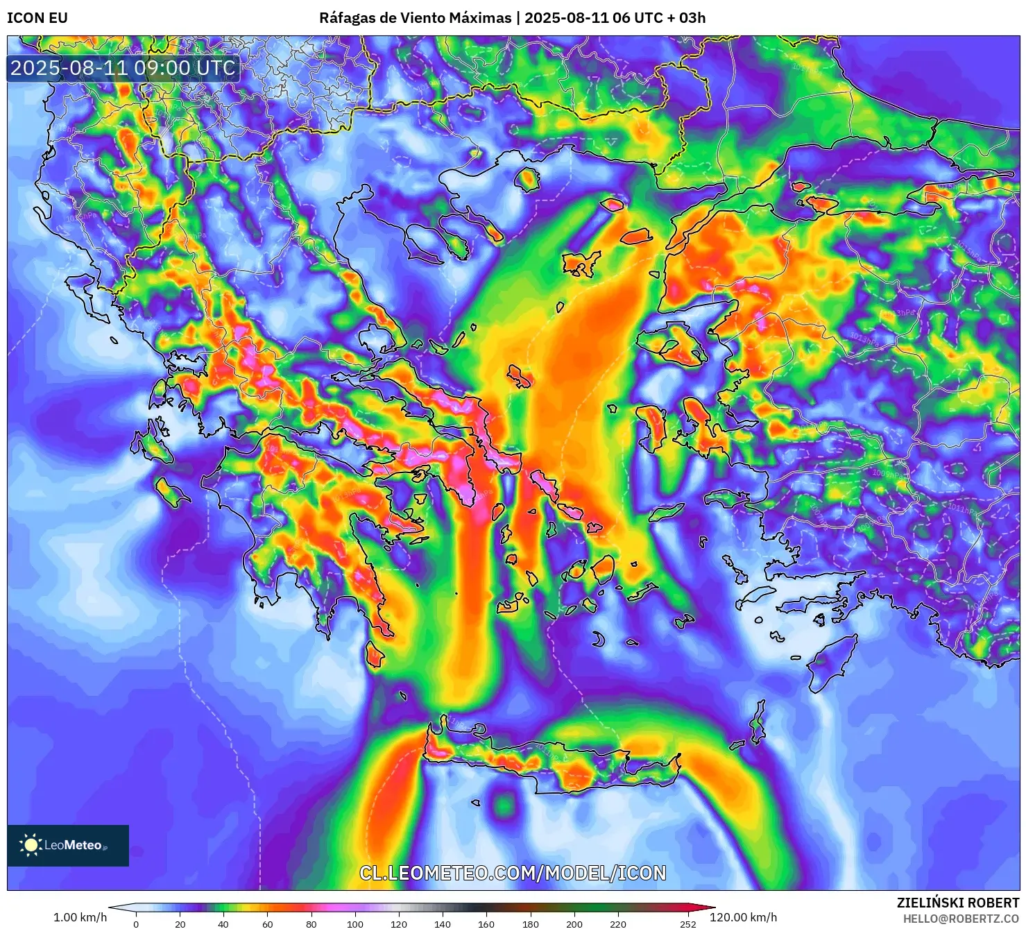 ICON model - Grecia, Ráfagas de Viento Máximas