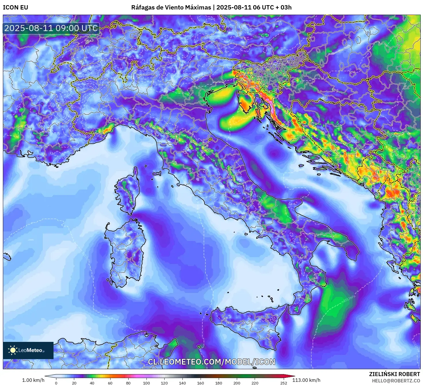 ICON model - Italia, Ráfagas de Viento Máximas