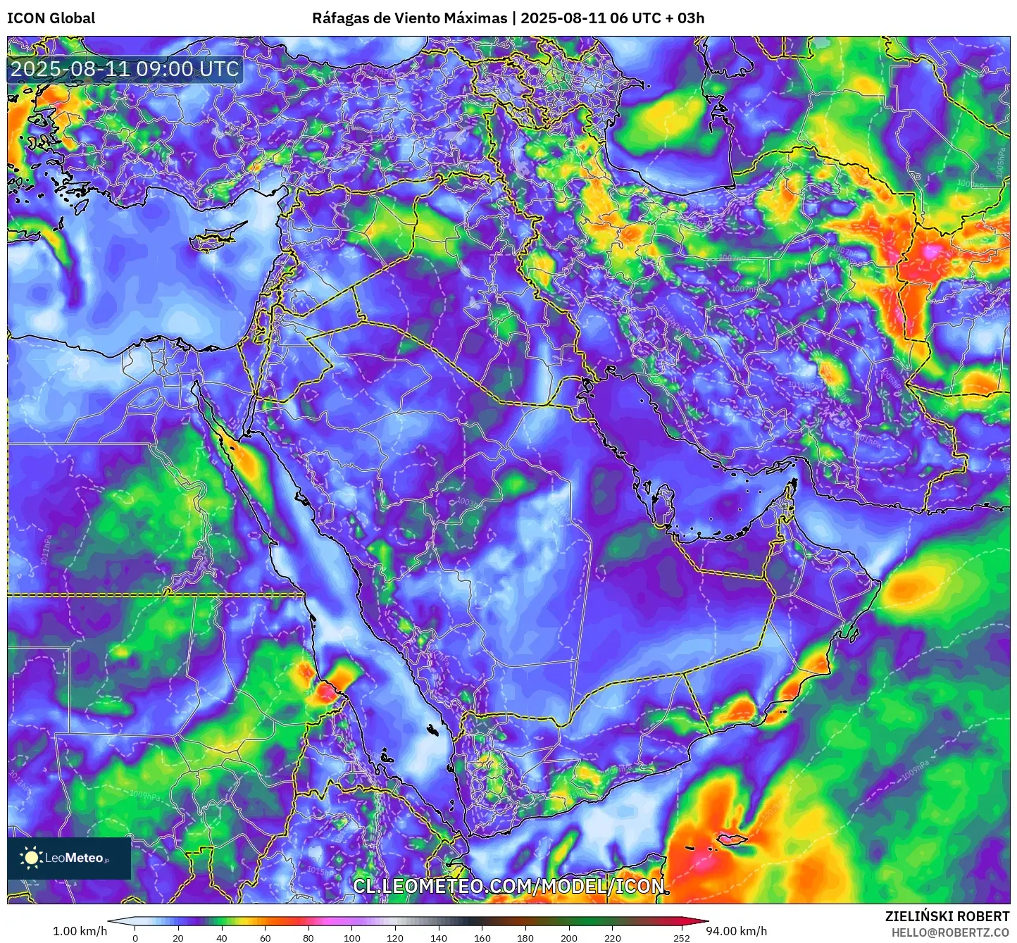 ICON model - Oriente Medio, Ráfagas de Viento Máximas