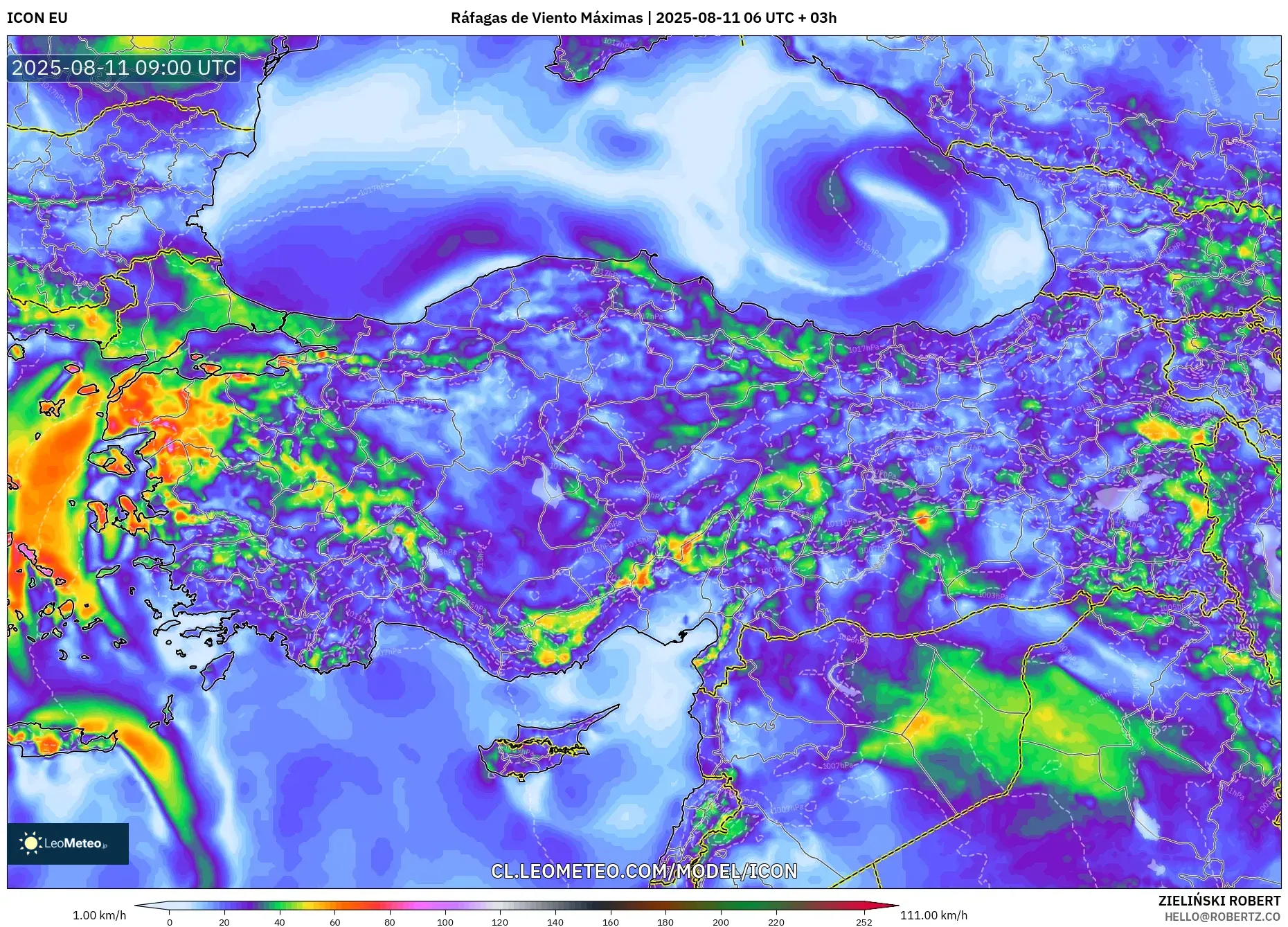 ICON model - Turquía, Ráfagas de Viento Máximas