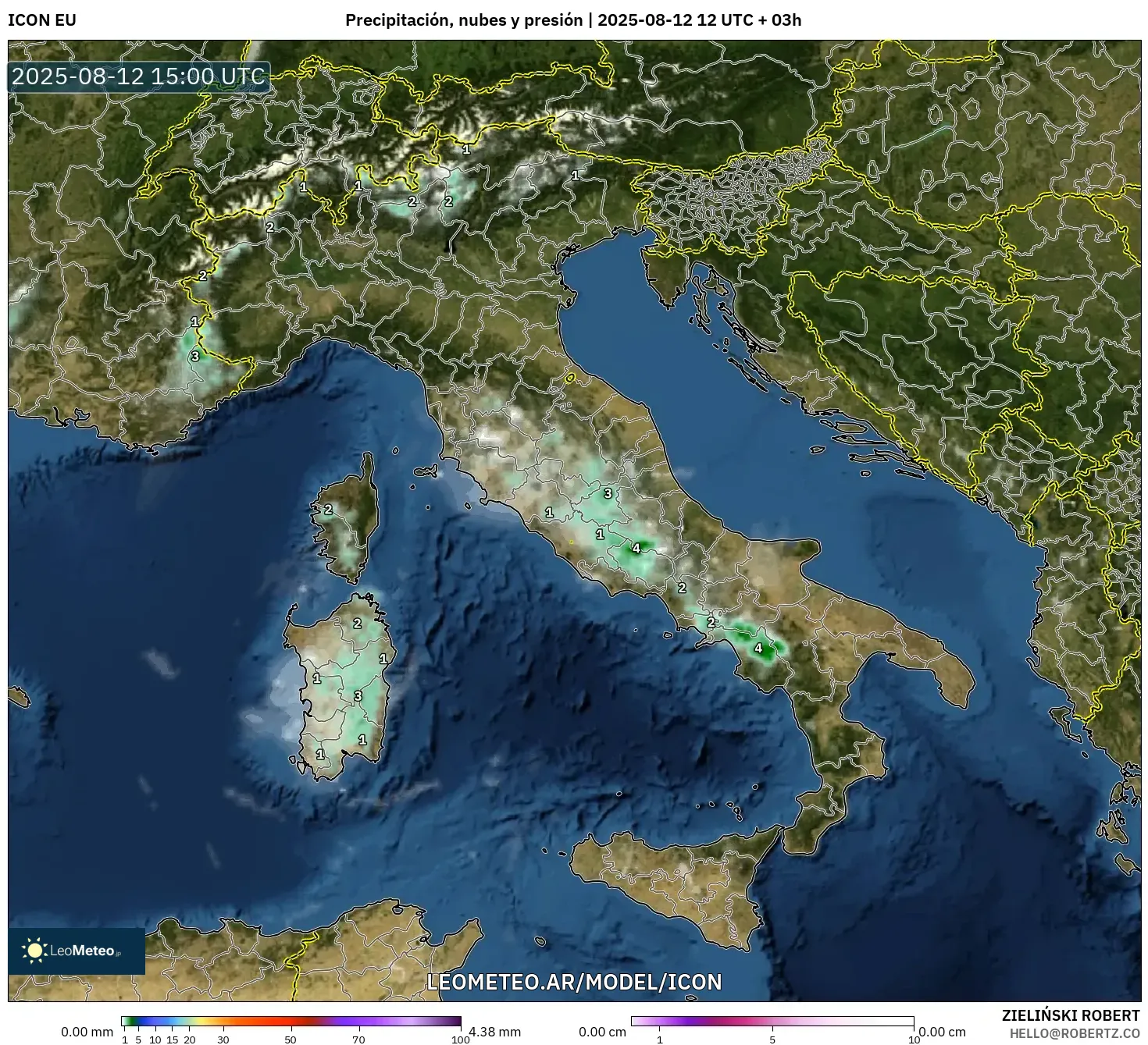 ICON model - Italia, Precipitación, nubes y presión ICON model - Italia, Precipitación, nubes y presión
