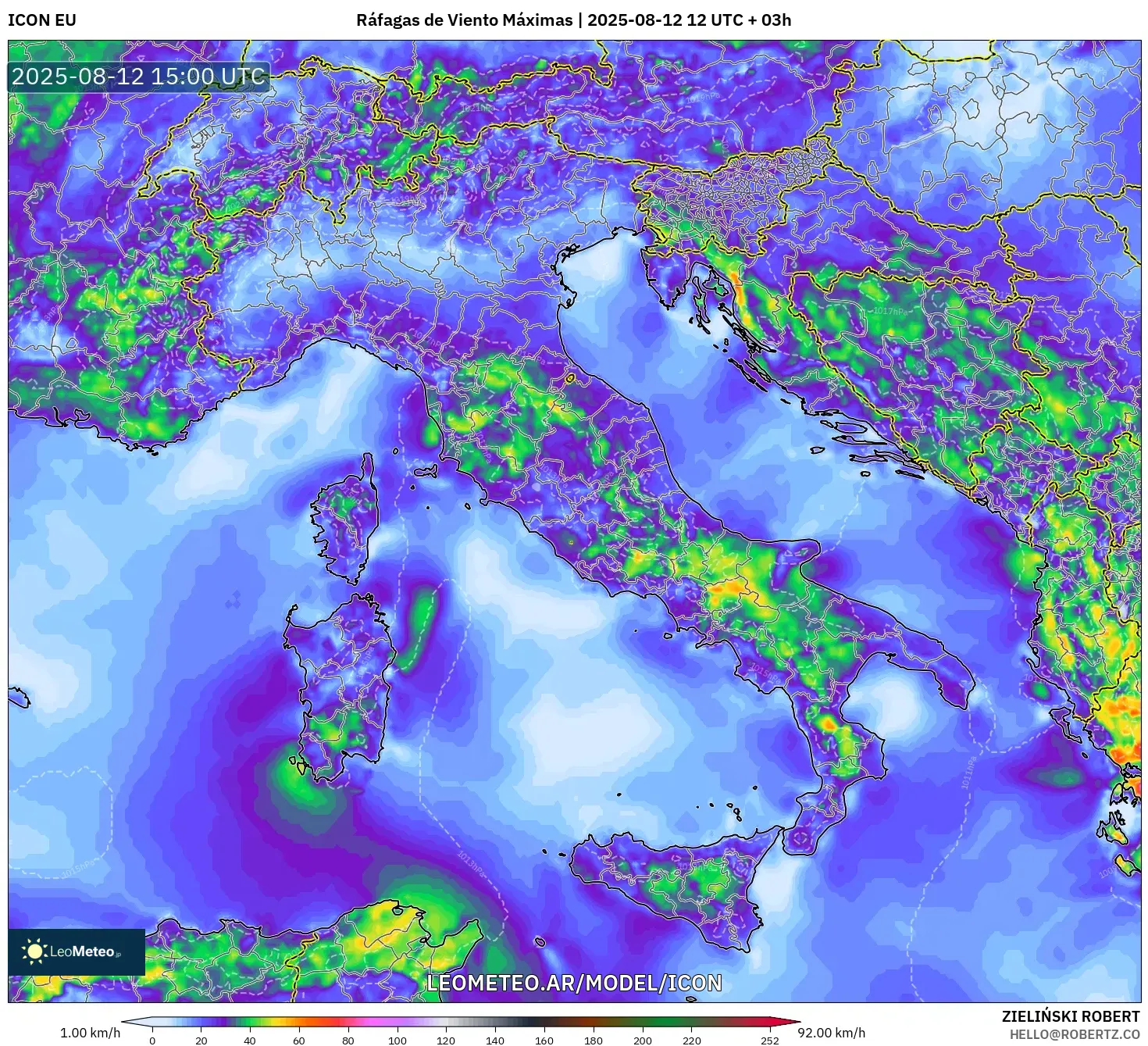 ICON model - Italia, Ráfagas de Viento Máximas ICON model - Italia, Ráfagas de Viento Máximas