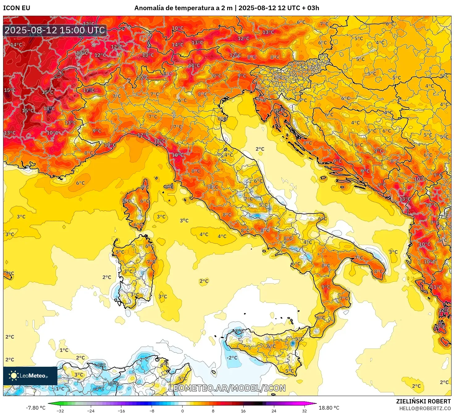 ICON model - Italia, Anomalía de temperatura a 2 m ICON model - Italia, Anomalía de temperatura a 2 m